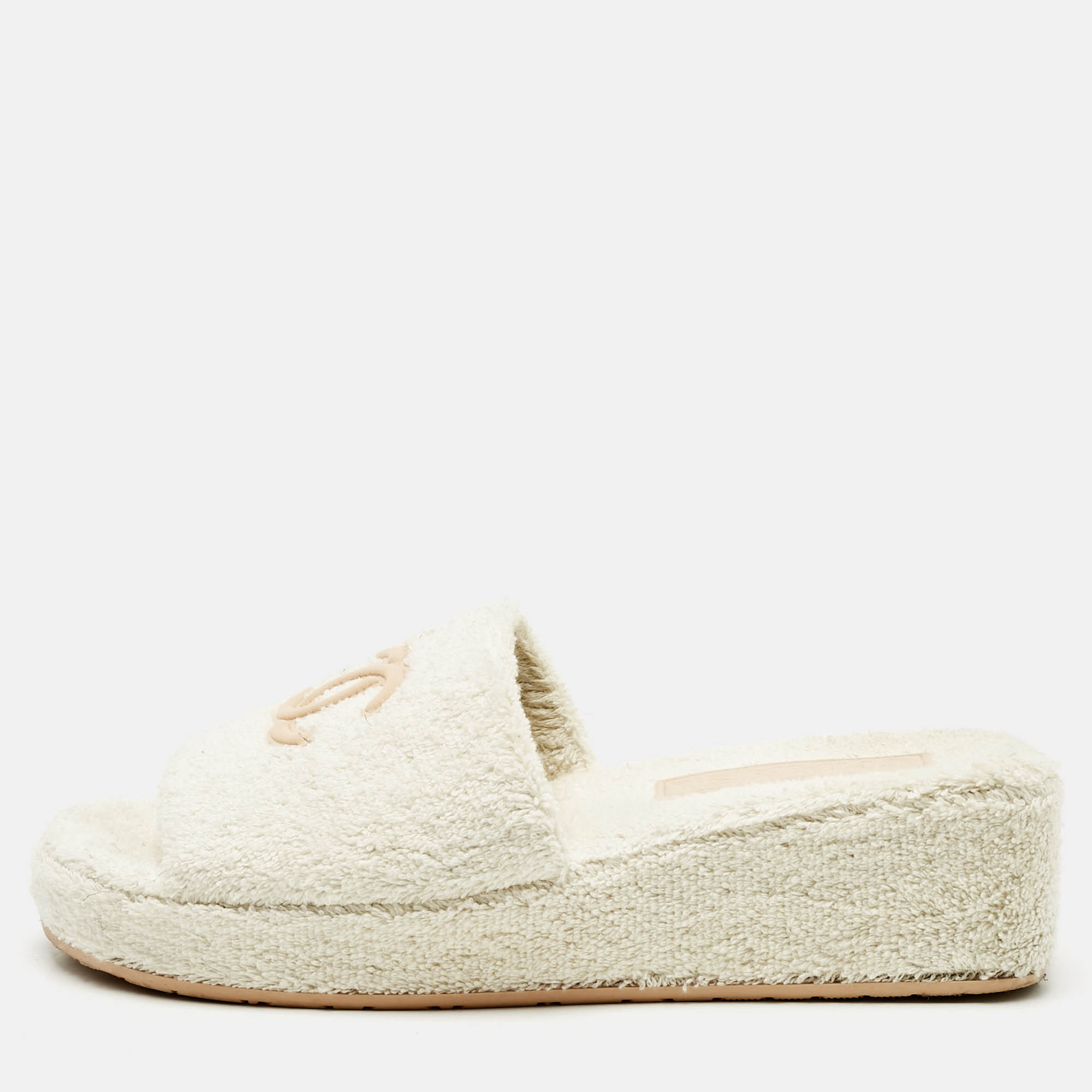 

Chanel Off White Terry Fabric CC Platform Slide Sandals Size