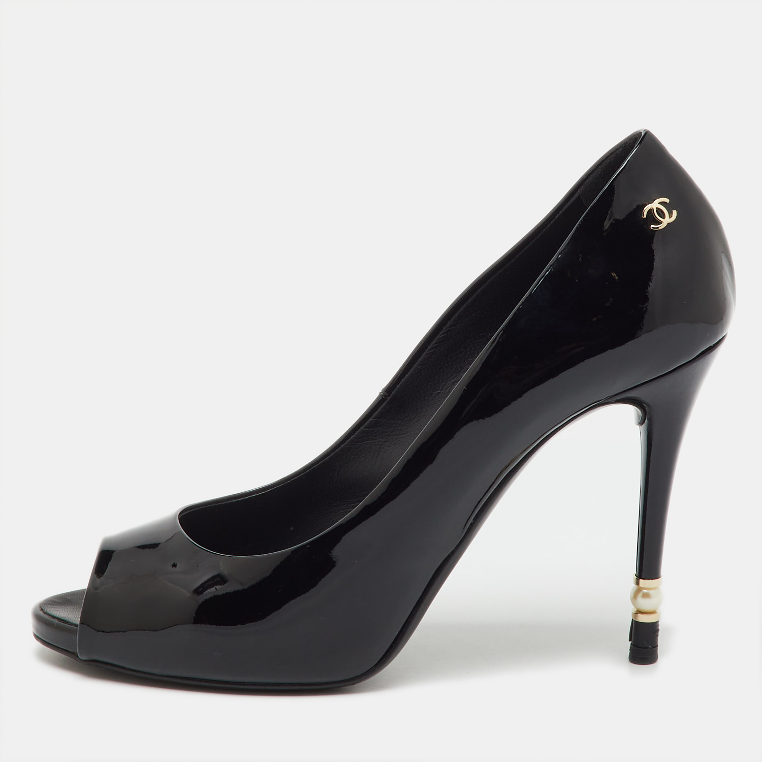 

Chanel Black Patent Leather Peep Toe Pumps Size