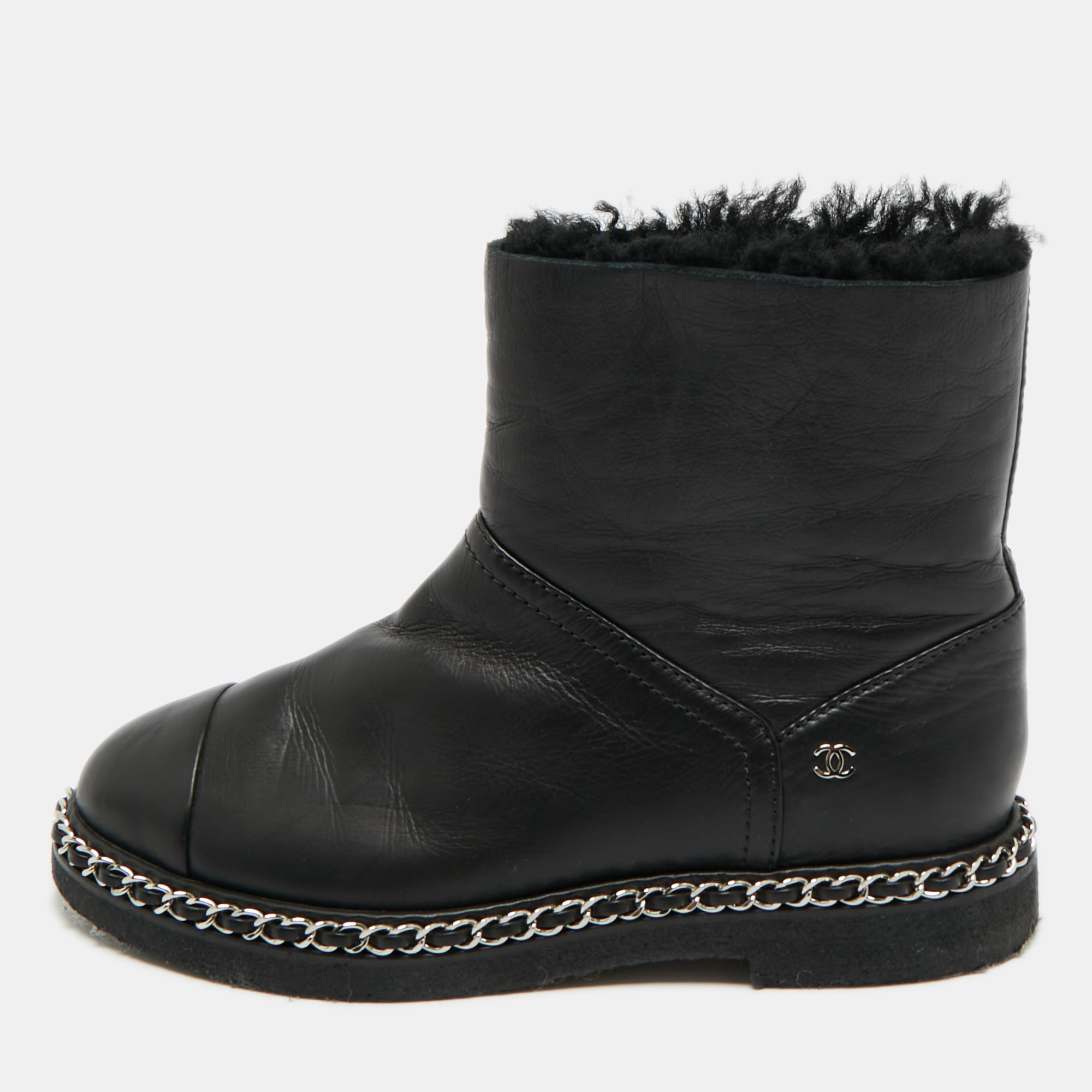 Chanel Black Leather CC Cap Toe Chain detail Ankle Length Boots Size 38