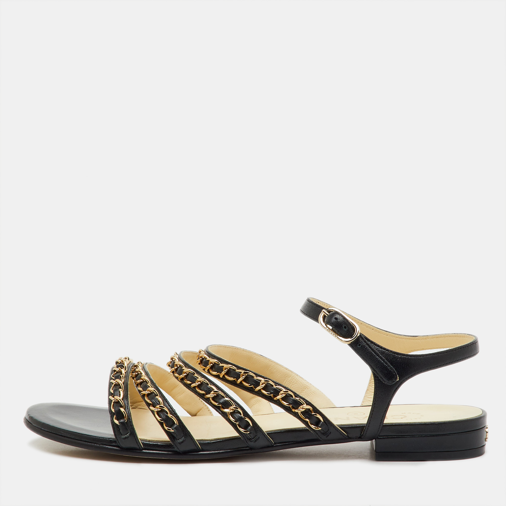 

Chanel Black Leather CC Chain Link Ankle Strap Flat Sandals Size