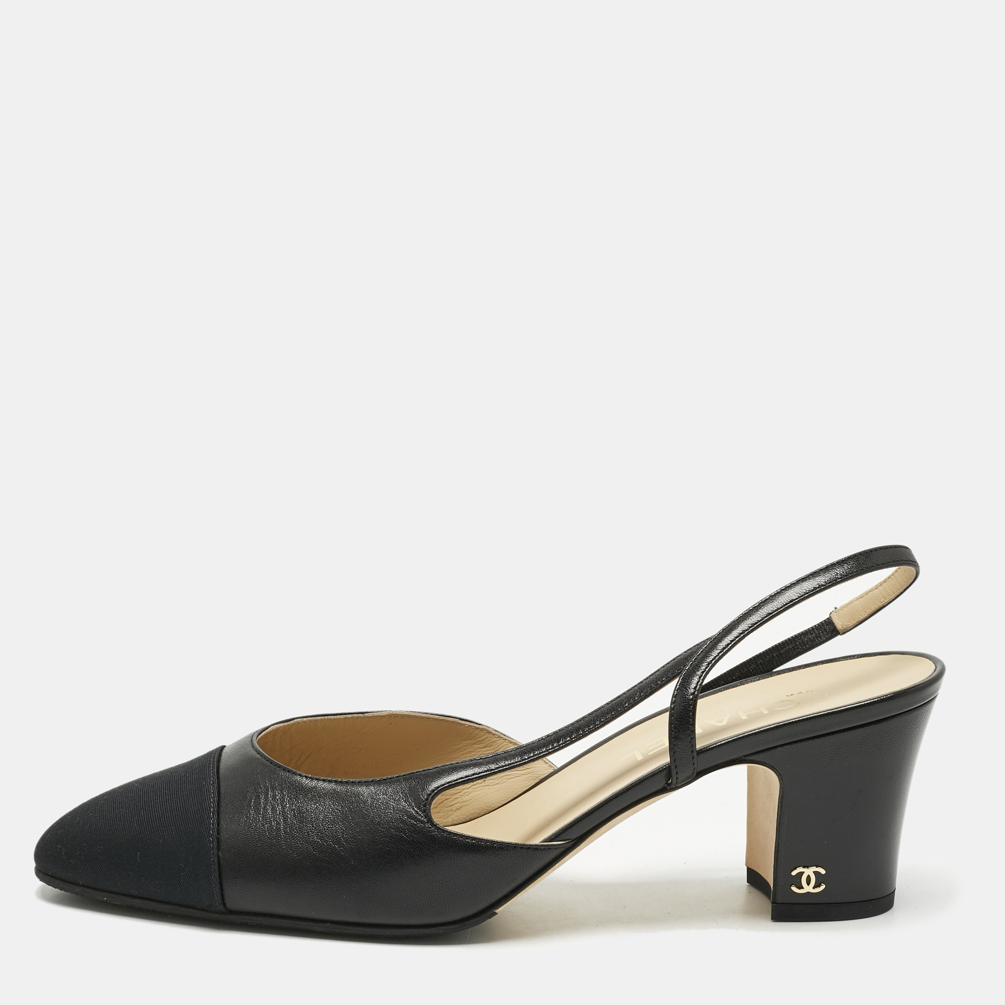 

Chanel Black Leather and Grosgrain CC Cap Toe Slingback Pumps Size