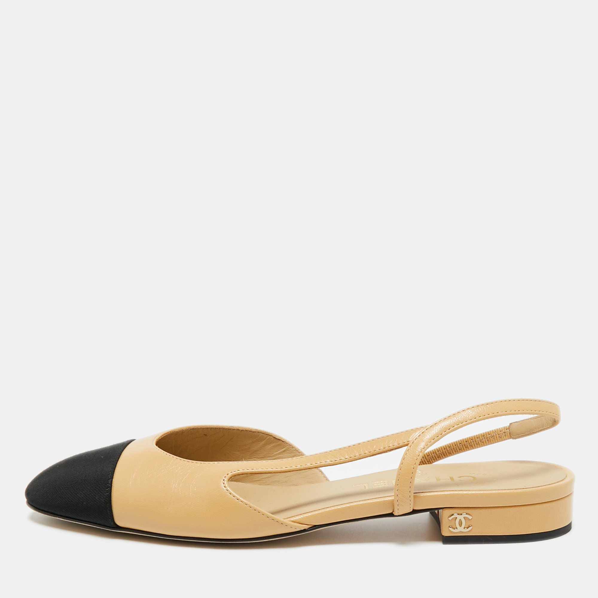 

Chanel Beige/Black Leather and Canvas CC Cap Toe Slingback Flats Size