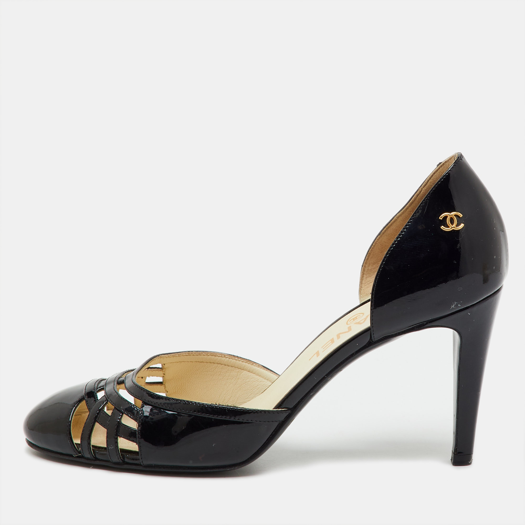 

Chanel Black Patent Leather CC Cutout D'orsay Pumps Size