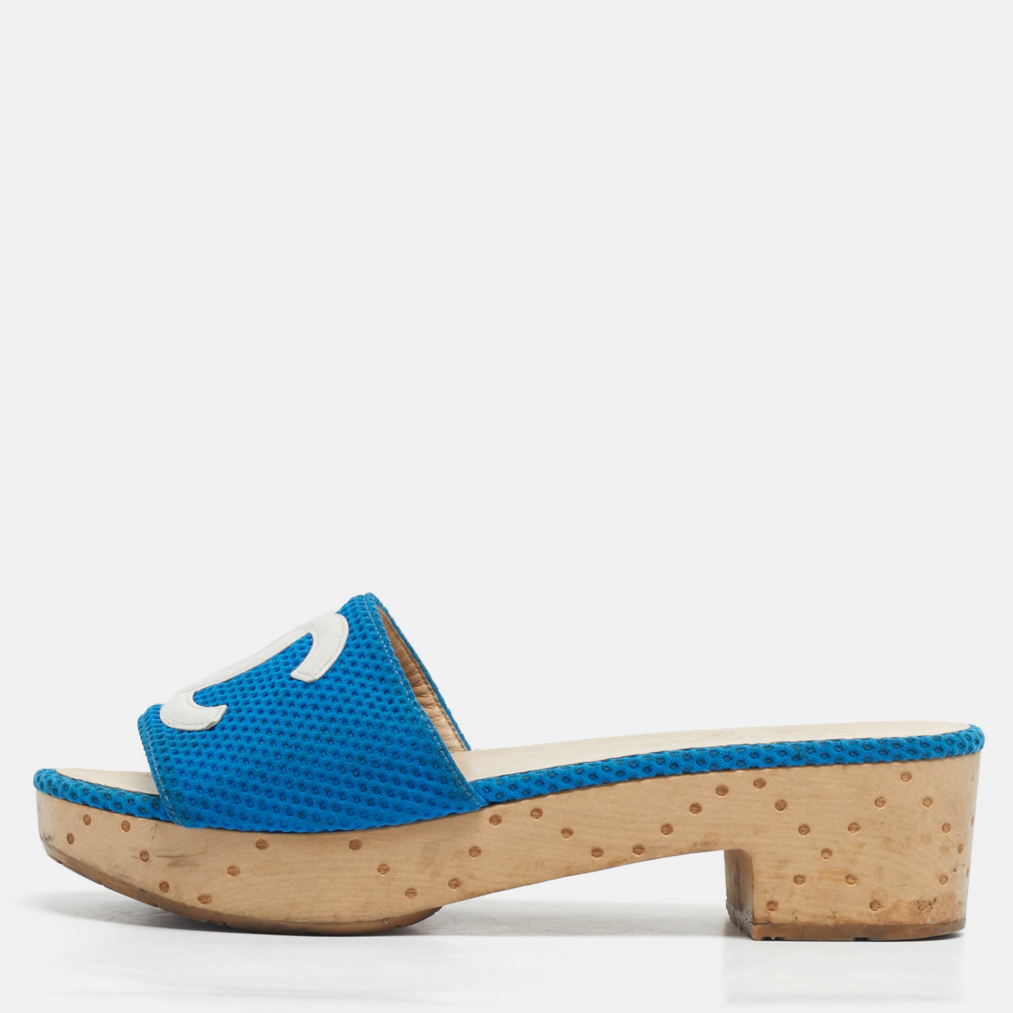 Chanel Blue/White Mesh And Leather CC Logo Platform Slide Wooden Sandals Size 38
