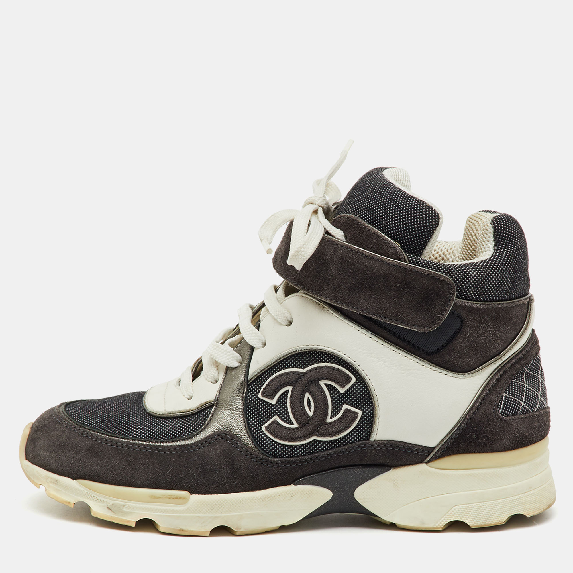 

Chanel Dark Grey/White Canvas, Suede and Leather CC Logo Lace Up Sneakers Size