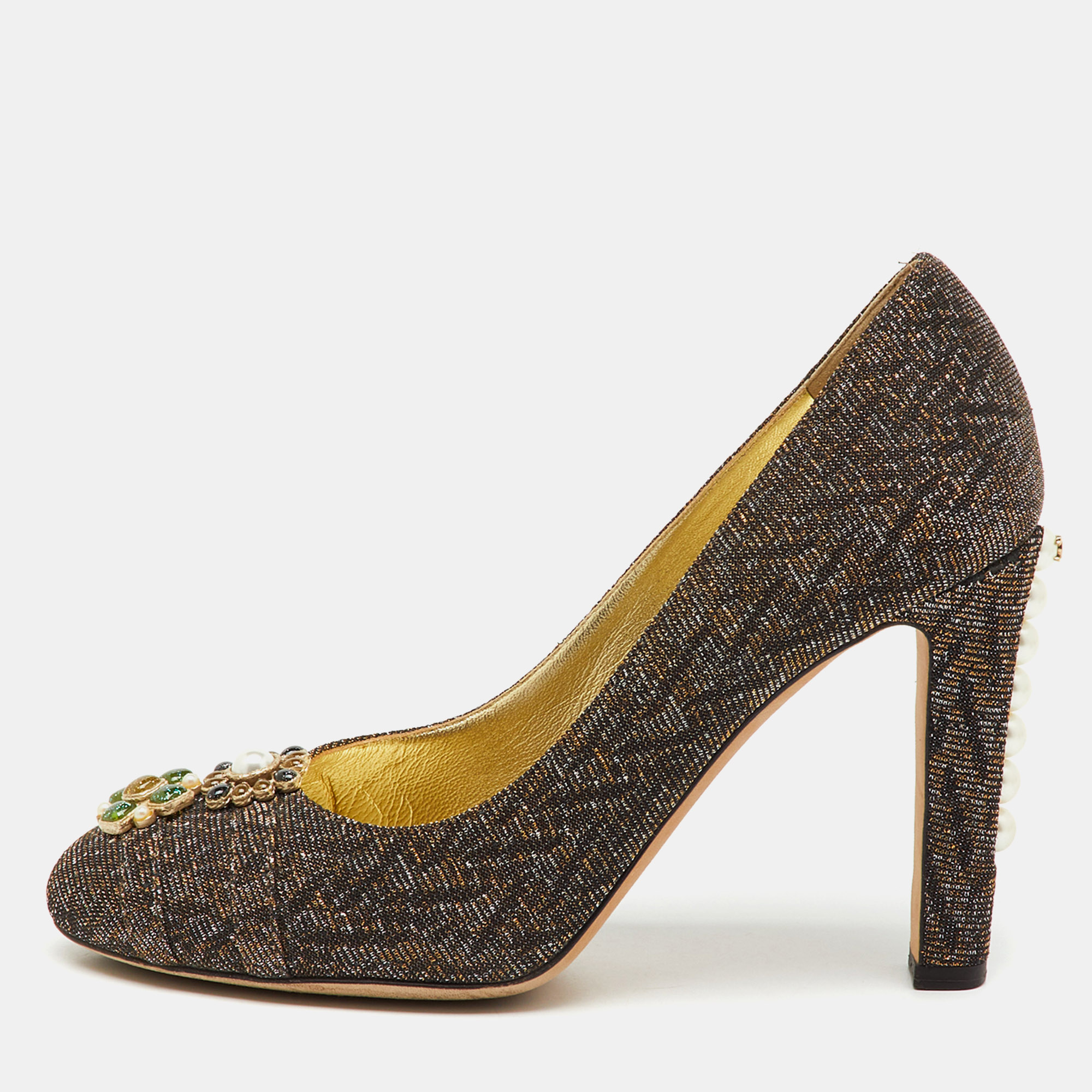 

Chanel Metallic Lurex Fabric CC Pearl Heel Pumps Size