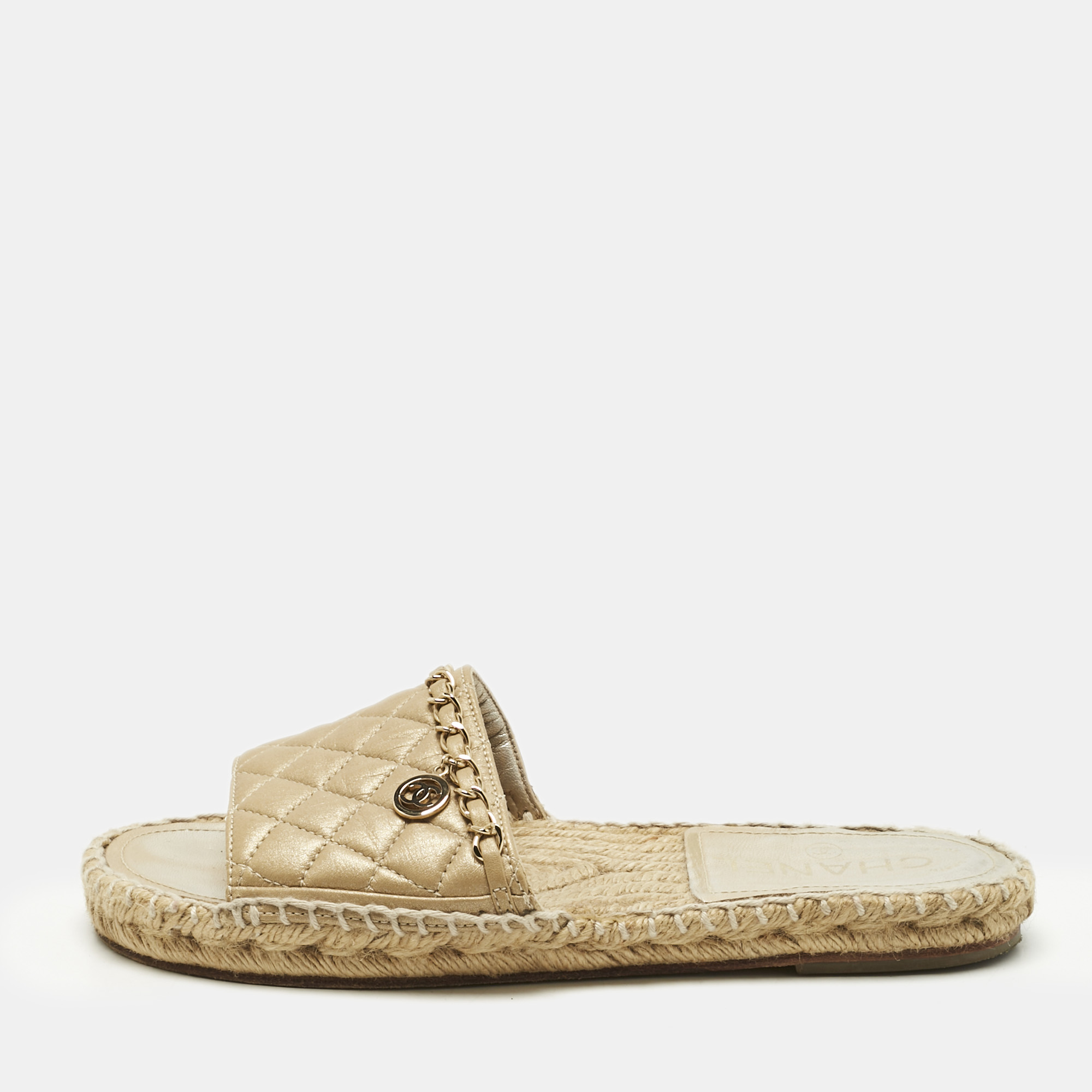 

Chanel Gold Quilted Leather CC Chain Espadrille Flat Slides Size, Beige