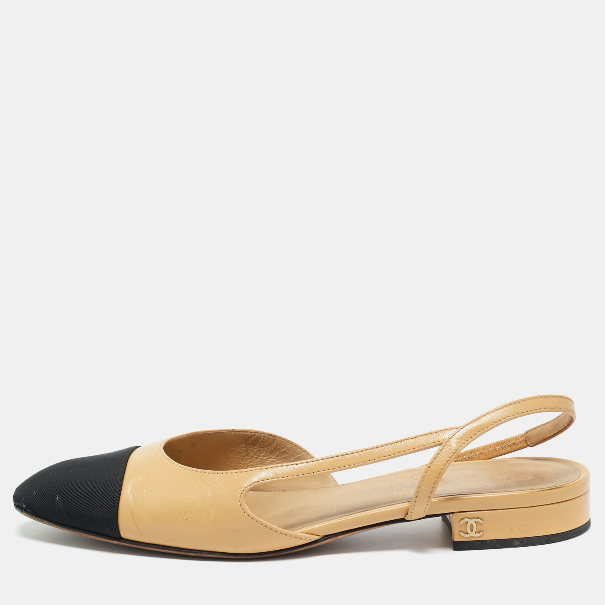 

Chanel Beige/Black Leather and Canvas CC Cap Toe Slingback Flats Size