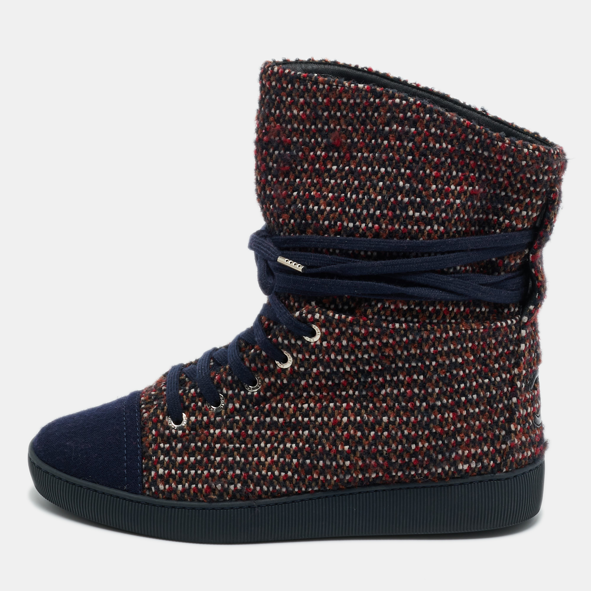 

Chanel Multicolor Tweed Lace Wrap Ankle Boots Size