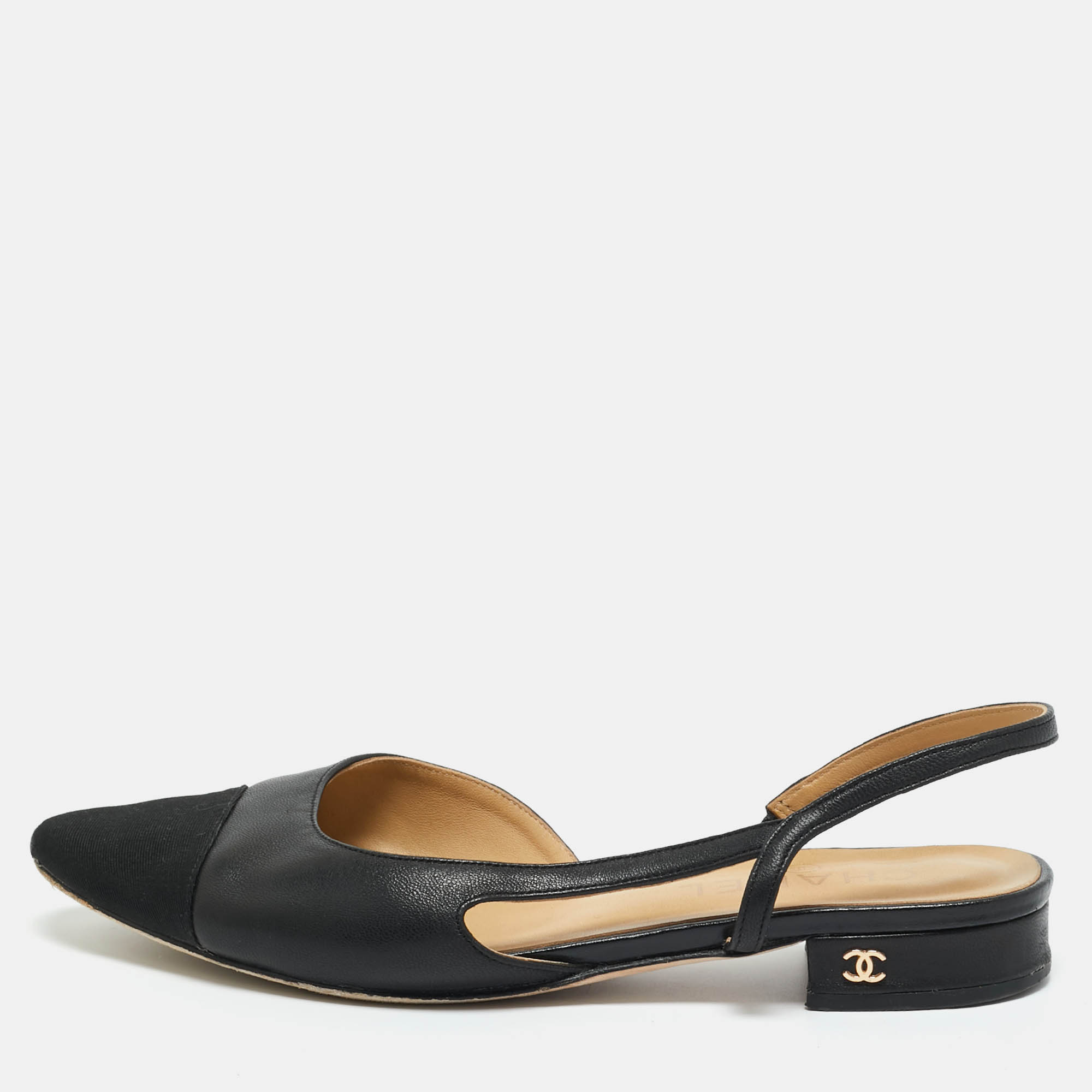 

Chanel Black Leather and Fabric Cap Toe CC D'osray Slingback Flats Size