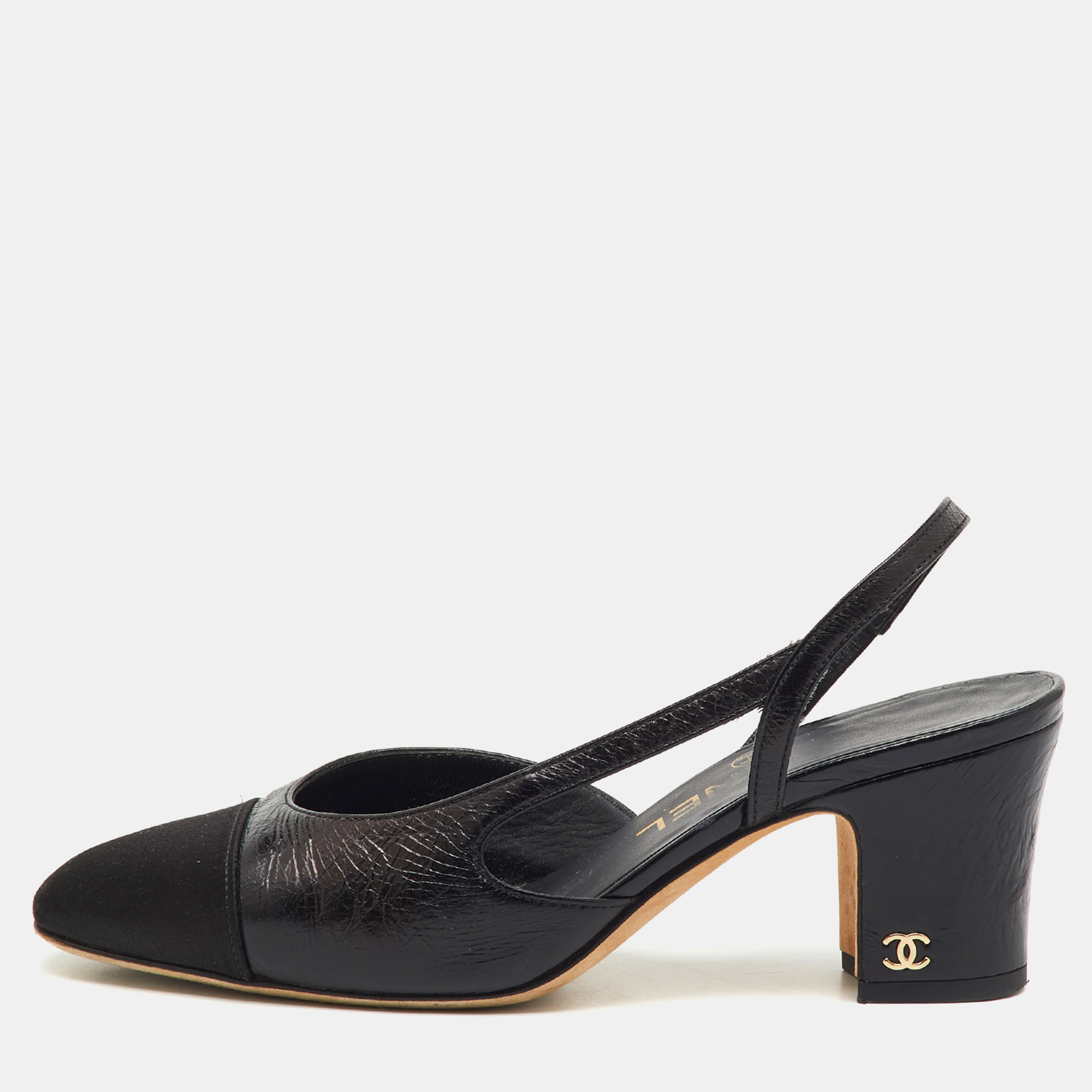 

Chanel Black Leather and Fabric CC Cap Toe Block Heel Slingback Pumps Size