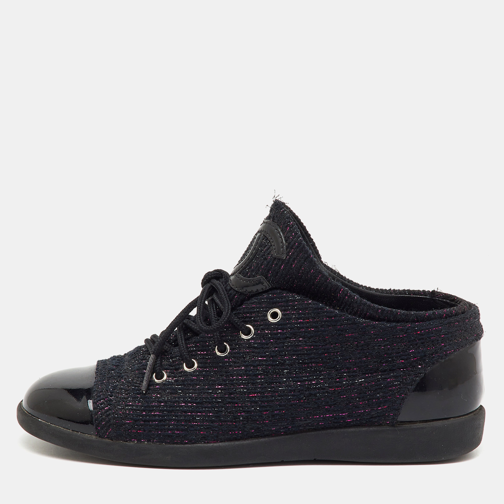 Pre-owned Chanel Black Patent Leather And Shimmer Tweed Cc Cap Toe Lace Up Sneakers Size 36