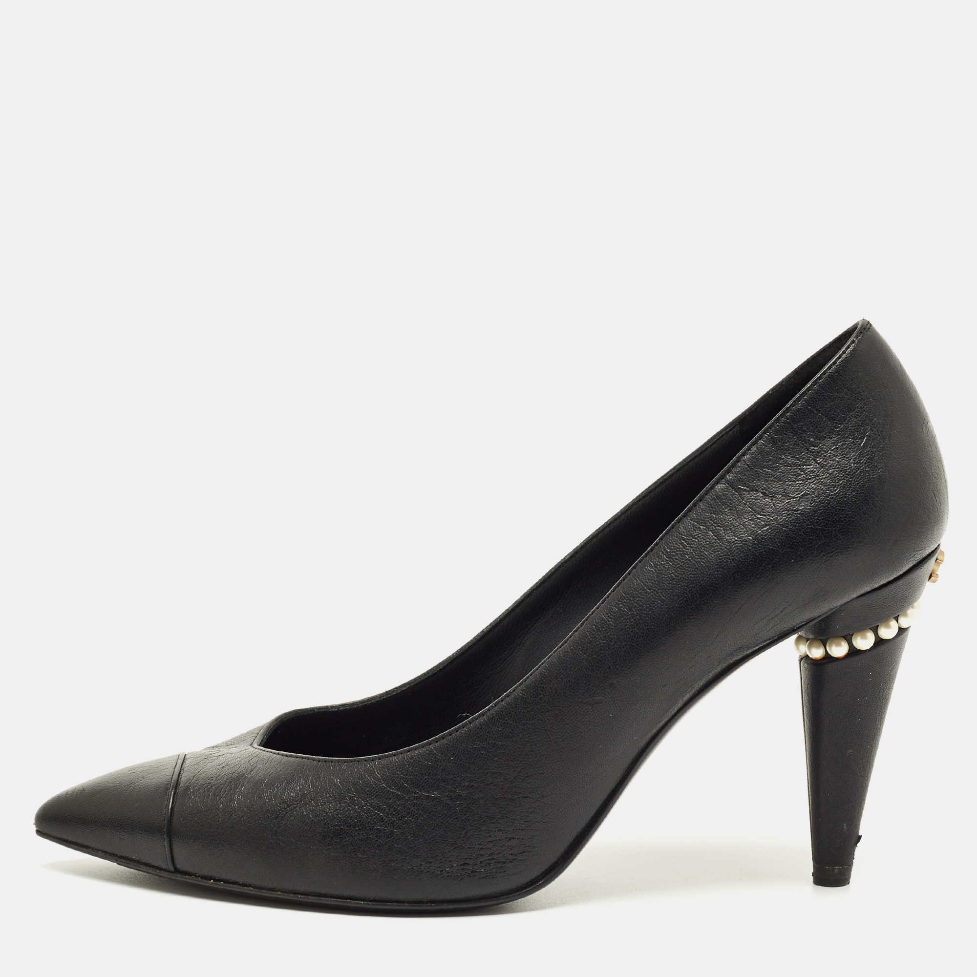 

Chanel Black Leather Cap Toe CC Pearl Embellished Heels Pumps Size