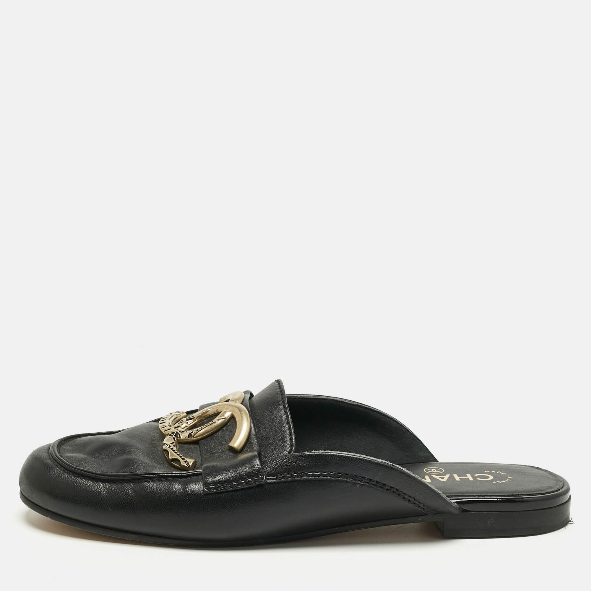 

Chanel Black Leather CC Logo Flat Loafer Mules Size