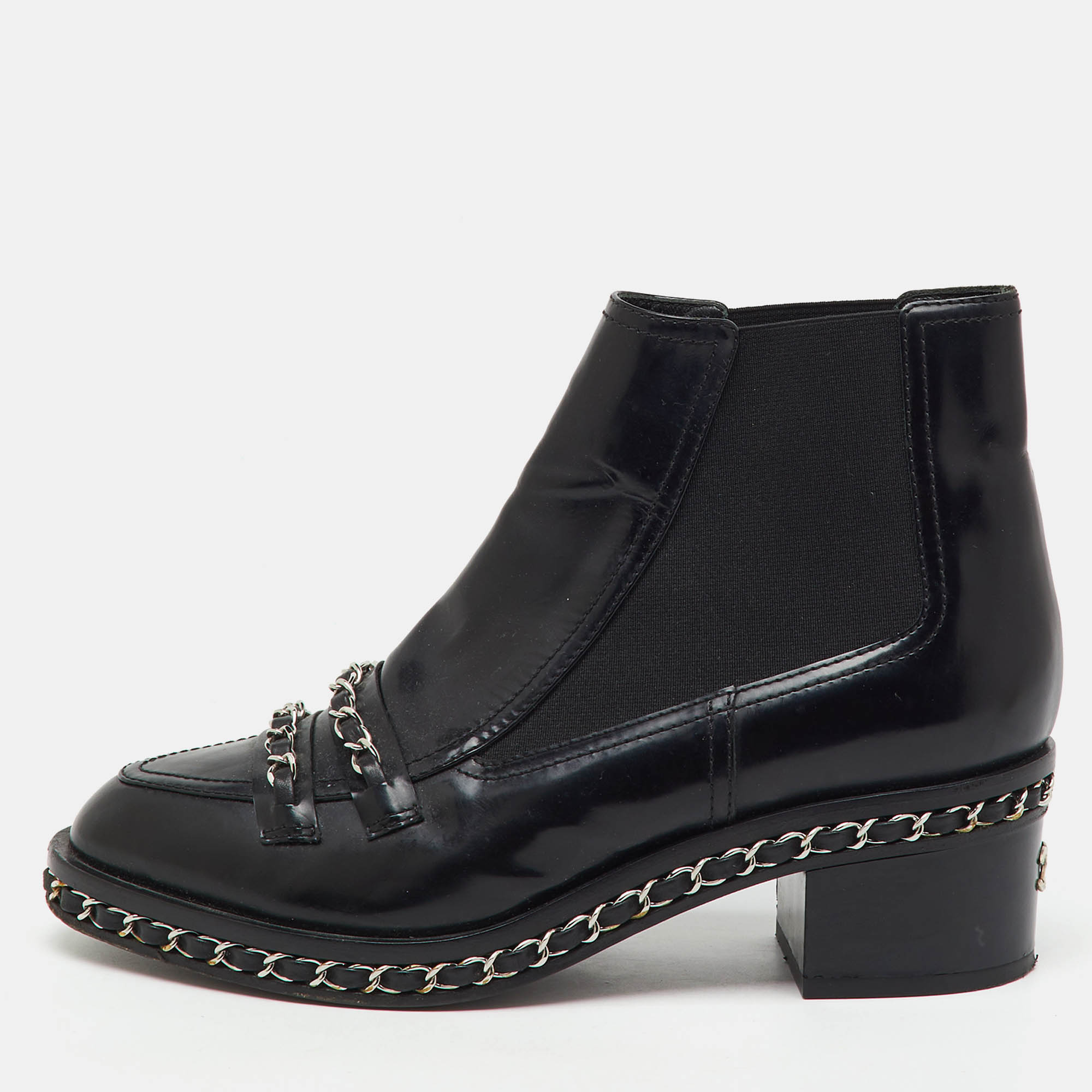 Chanel Black Patent Leather Interlaced Chain Ankle Boots Size 38