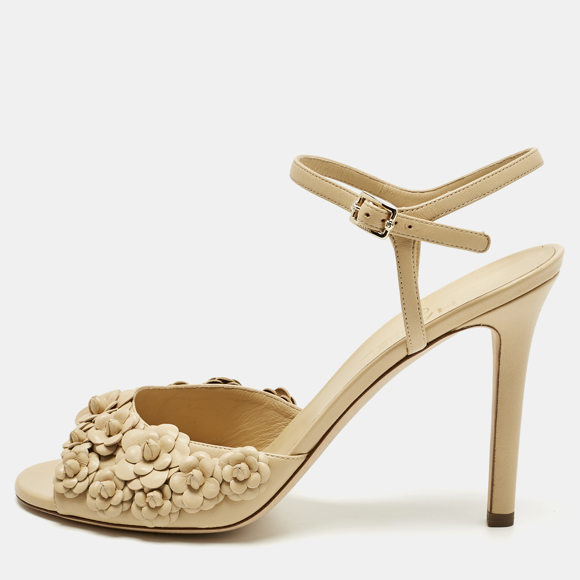Chanel Beige Leather Camelia Ankle Strap Sandals Size 41