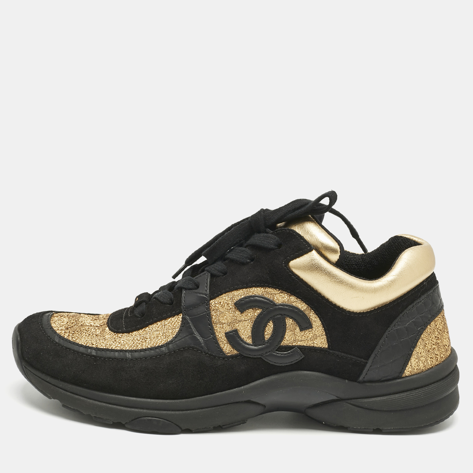 

Chanel Black/Gold Tweed and Leather CC Sneakers Size
