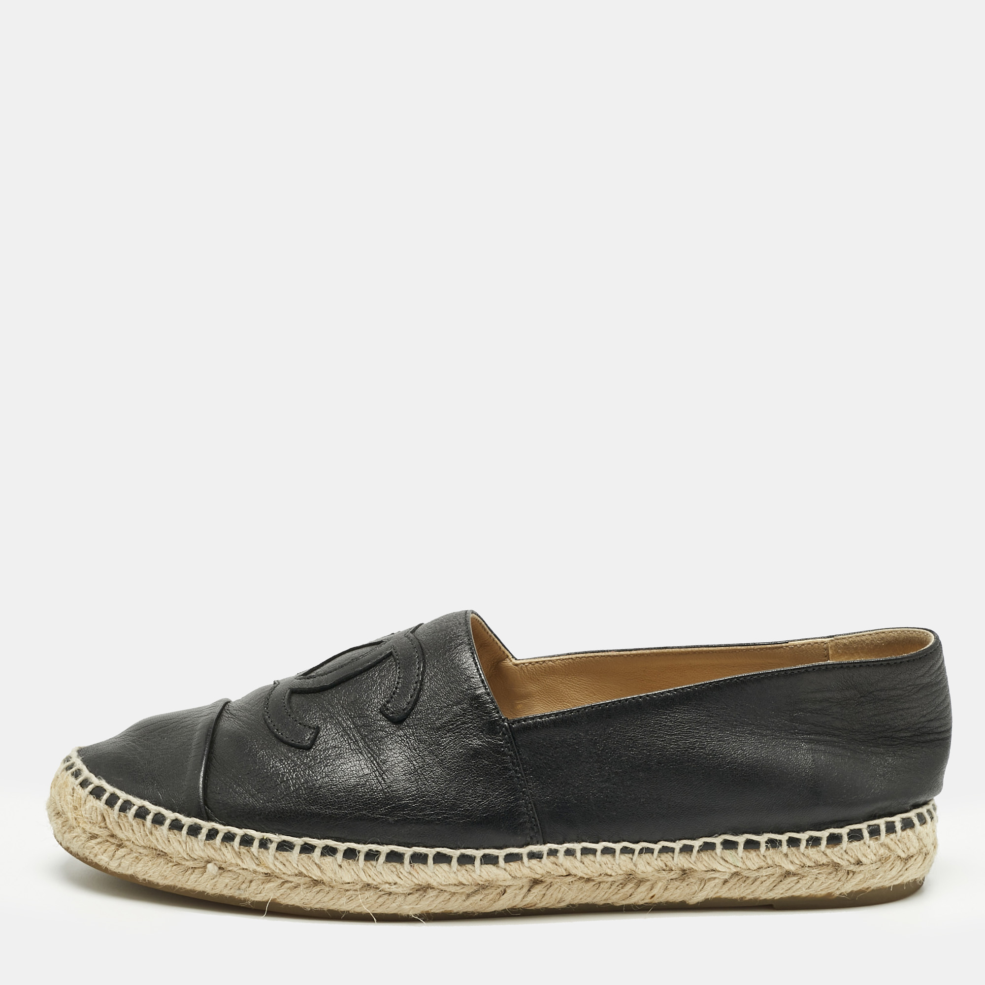 Chanel Black Leather CC Cap Toe Espadrille Flats Size 42