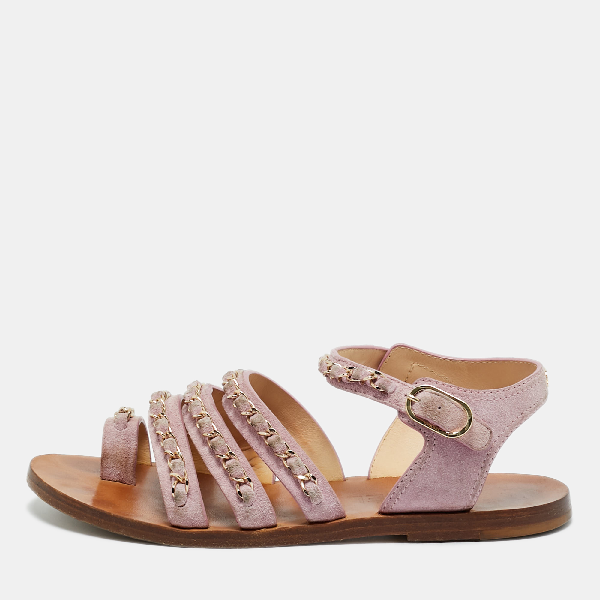 Chanel Purple Suede CC Chain Link Ankle Strap Flat Sandals Size 36