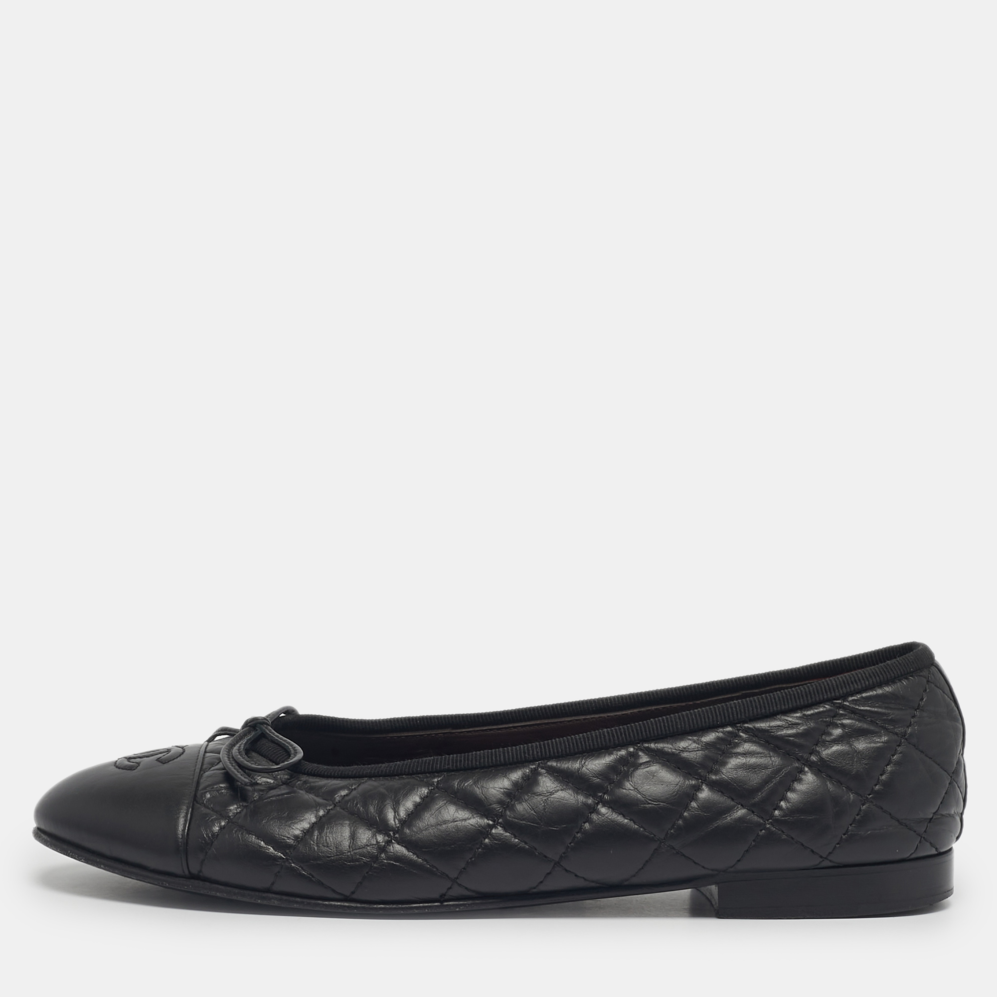 

Chanel Black Leather CC Cap-Toe Bow Ballet Flats Size