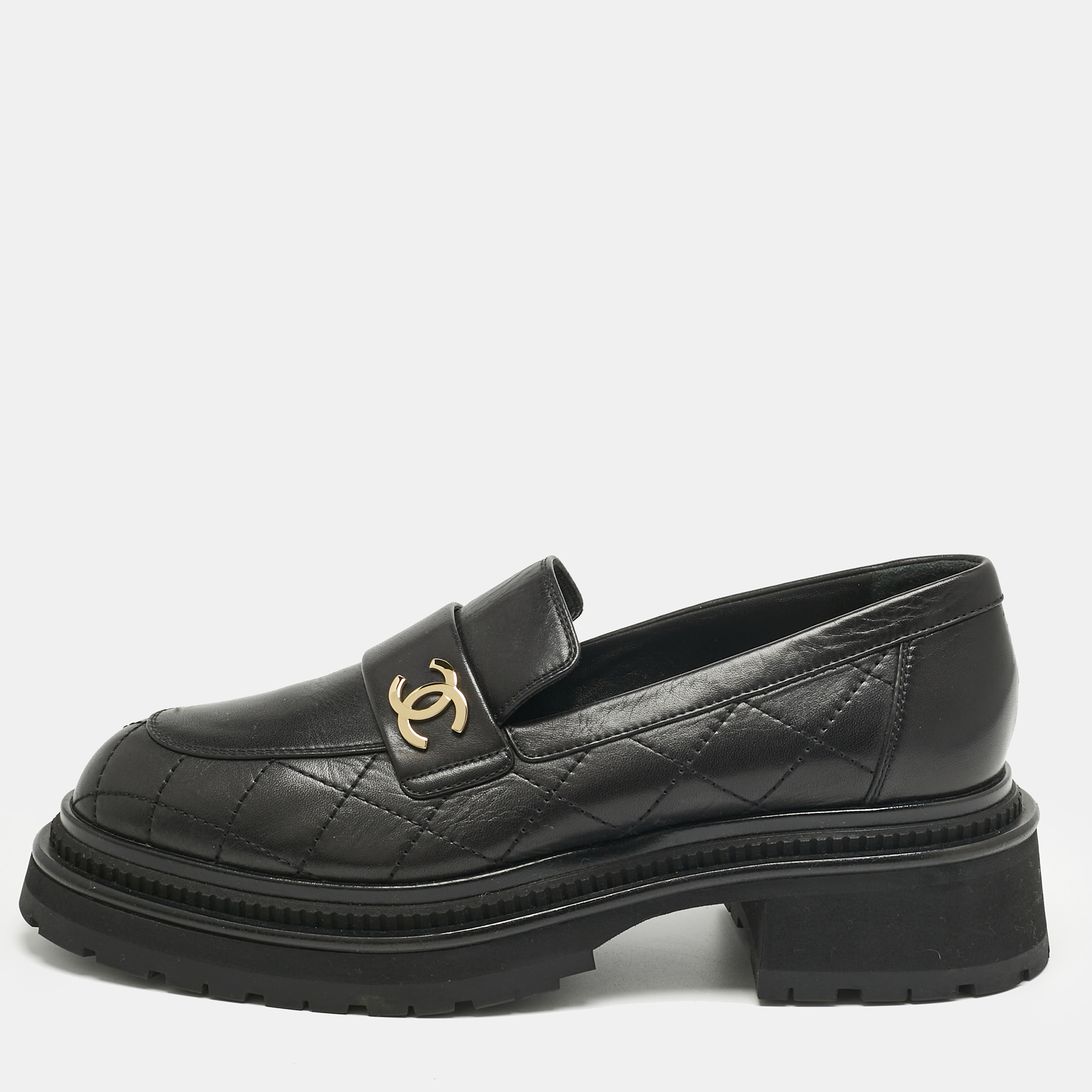 

Chanel Black Leather Logo Slip On Loafers Size