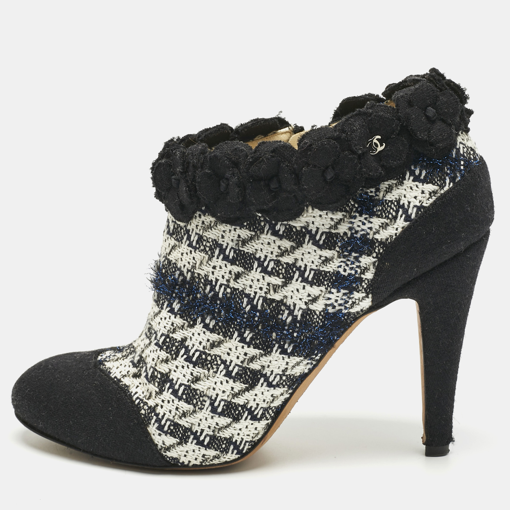 Pre-owned Chanel Multicolor Knit Fabric Flower Embellished Ankle Length Boots Size 40