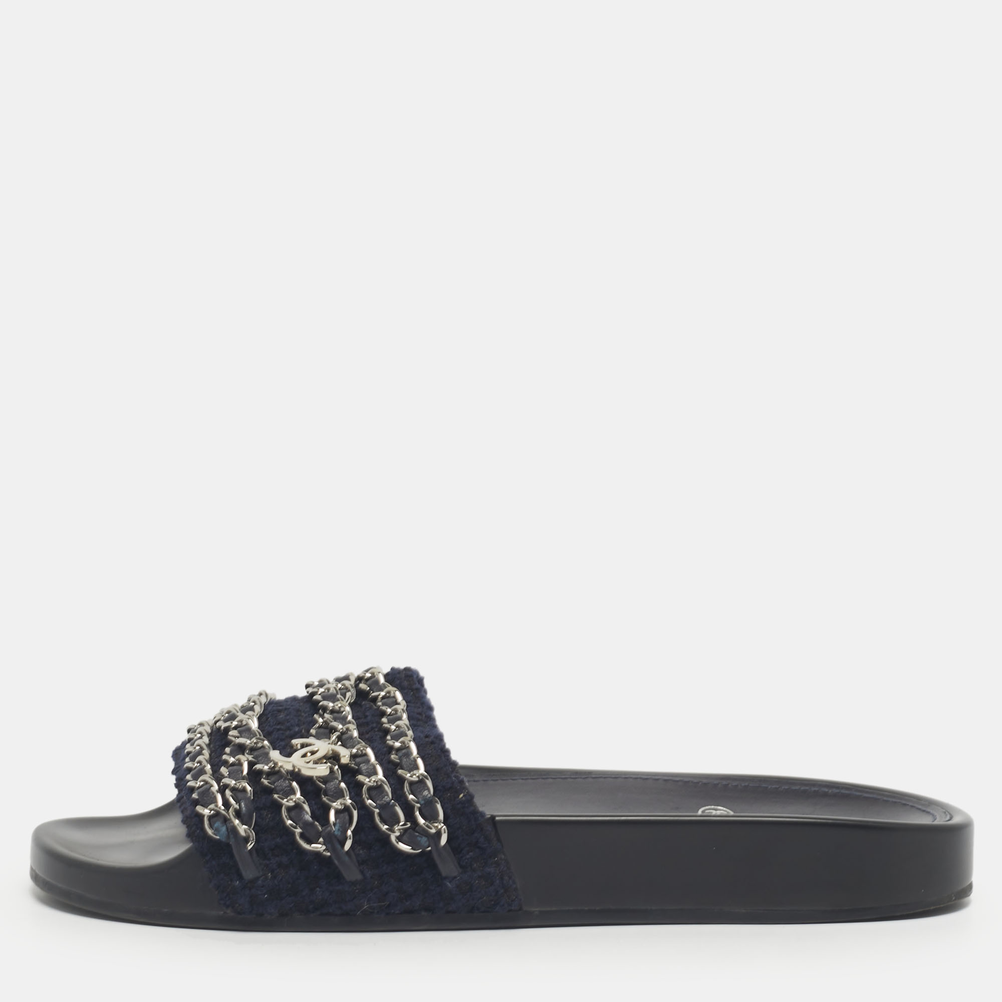 

Chanel Navy Blue Tweed Tropiconic Chain Detail Flat Slides Size