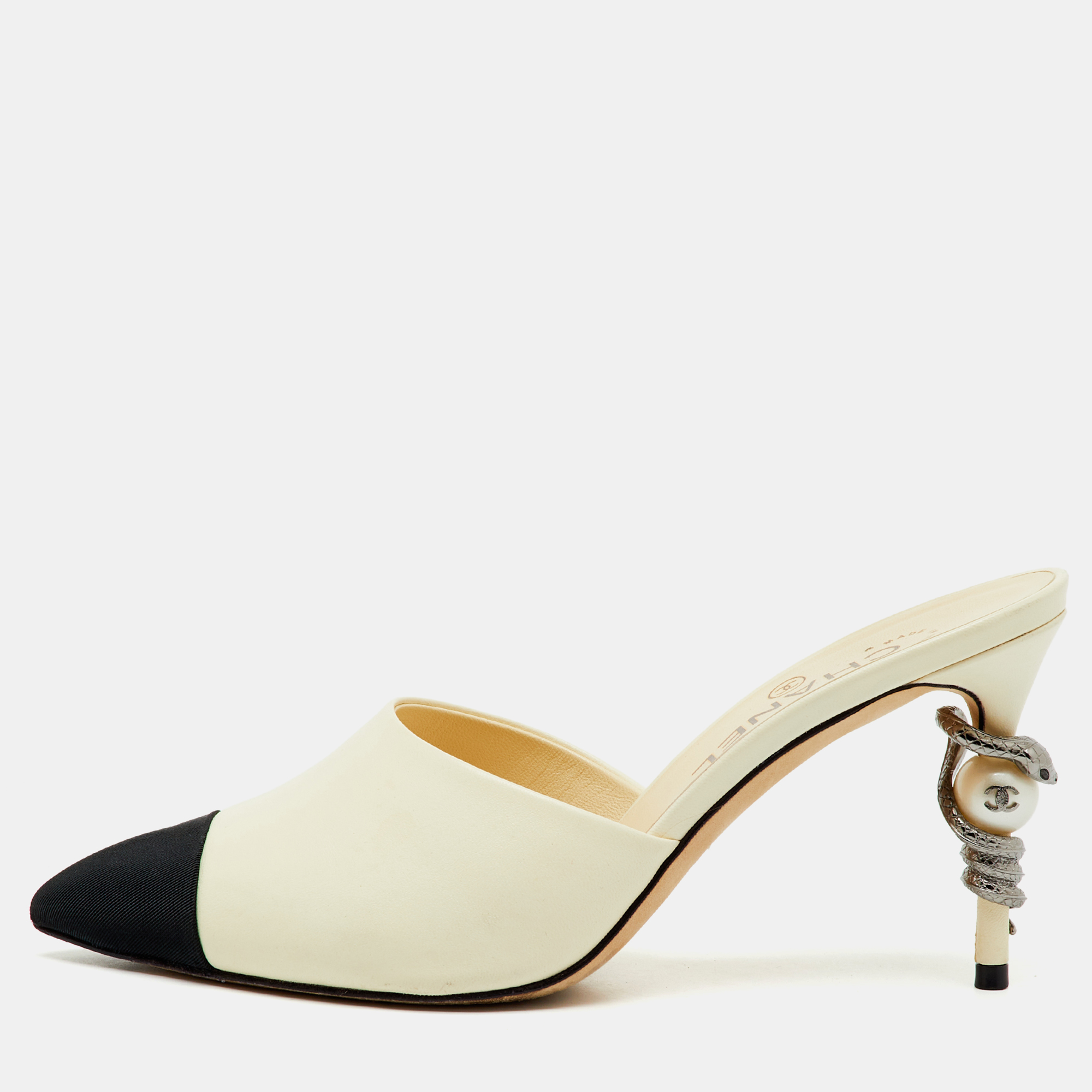 

Chanel Cream/Black Leather and Canvas CC Faux Pearl Embellished Heel Mules Size