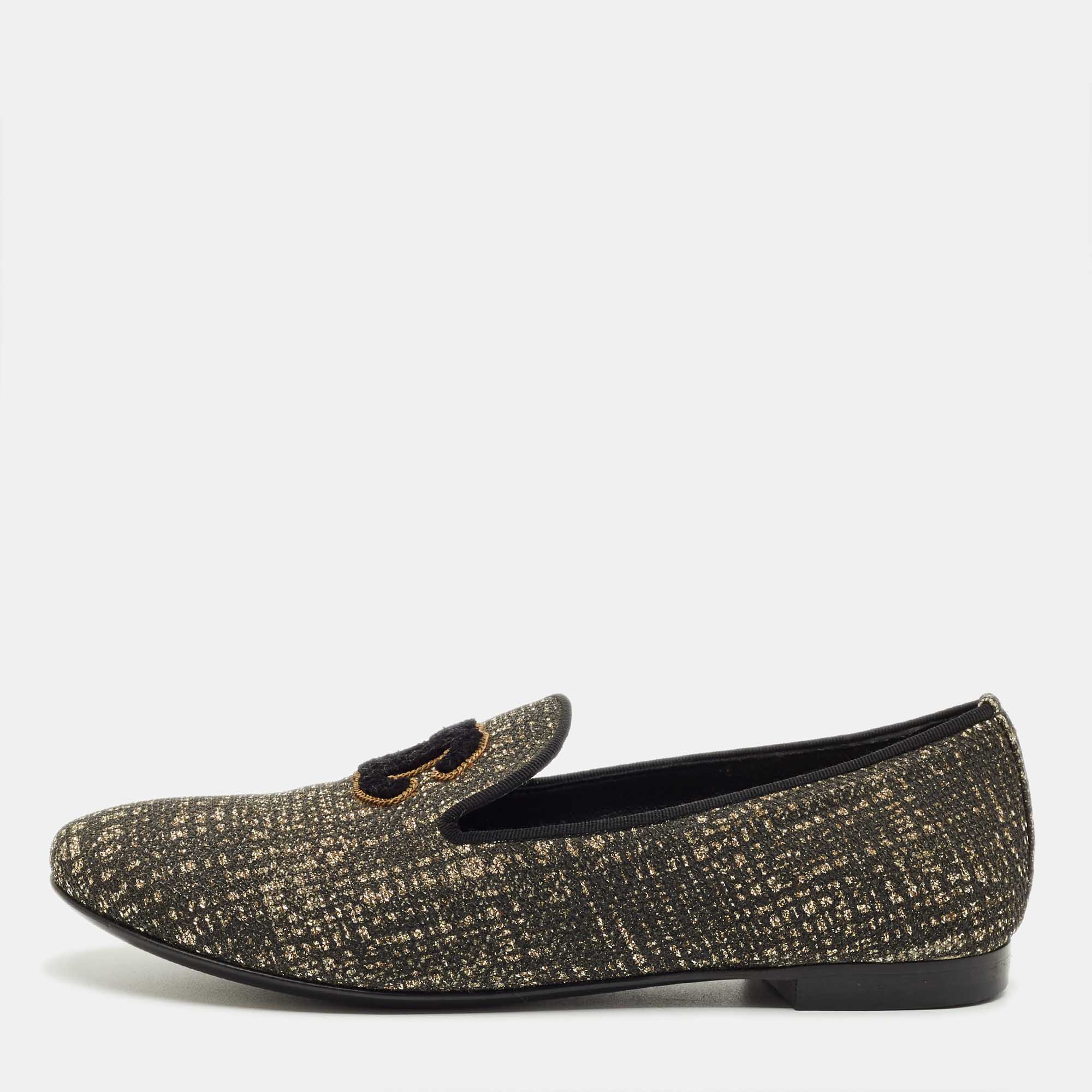 

Chanel Black/Gold Lurex Fabric CC Smoking Slippers Size