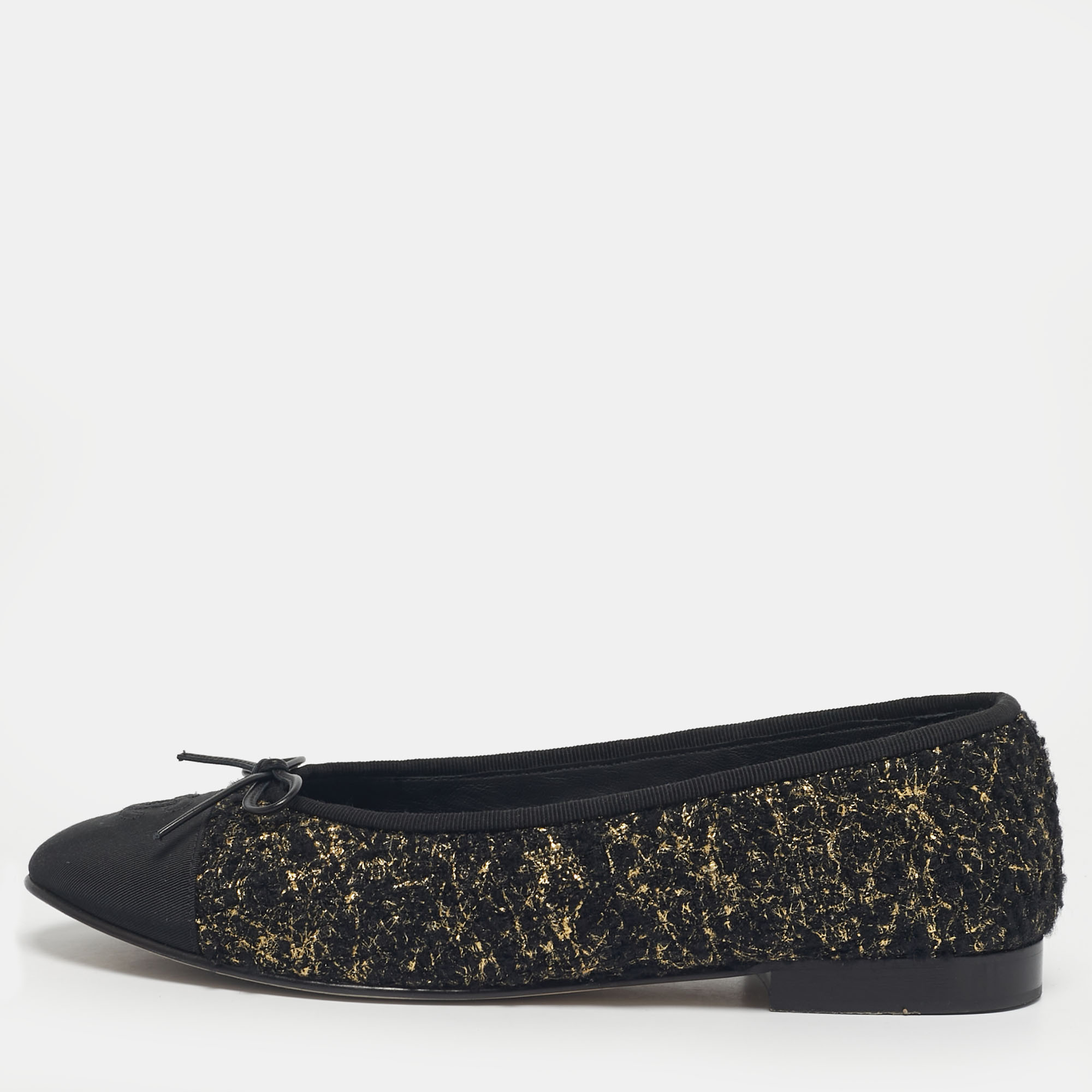 

Chanel Gold/Black Canvas and Tweed CC Ballet Flats Size
