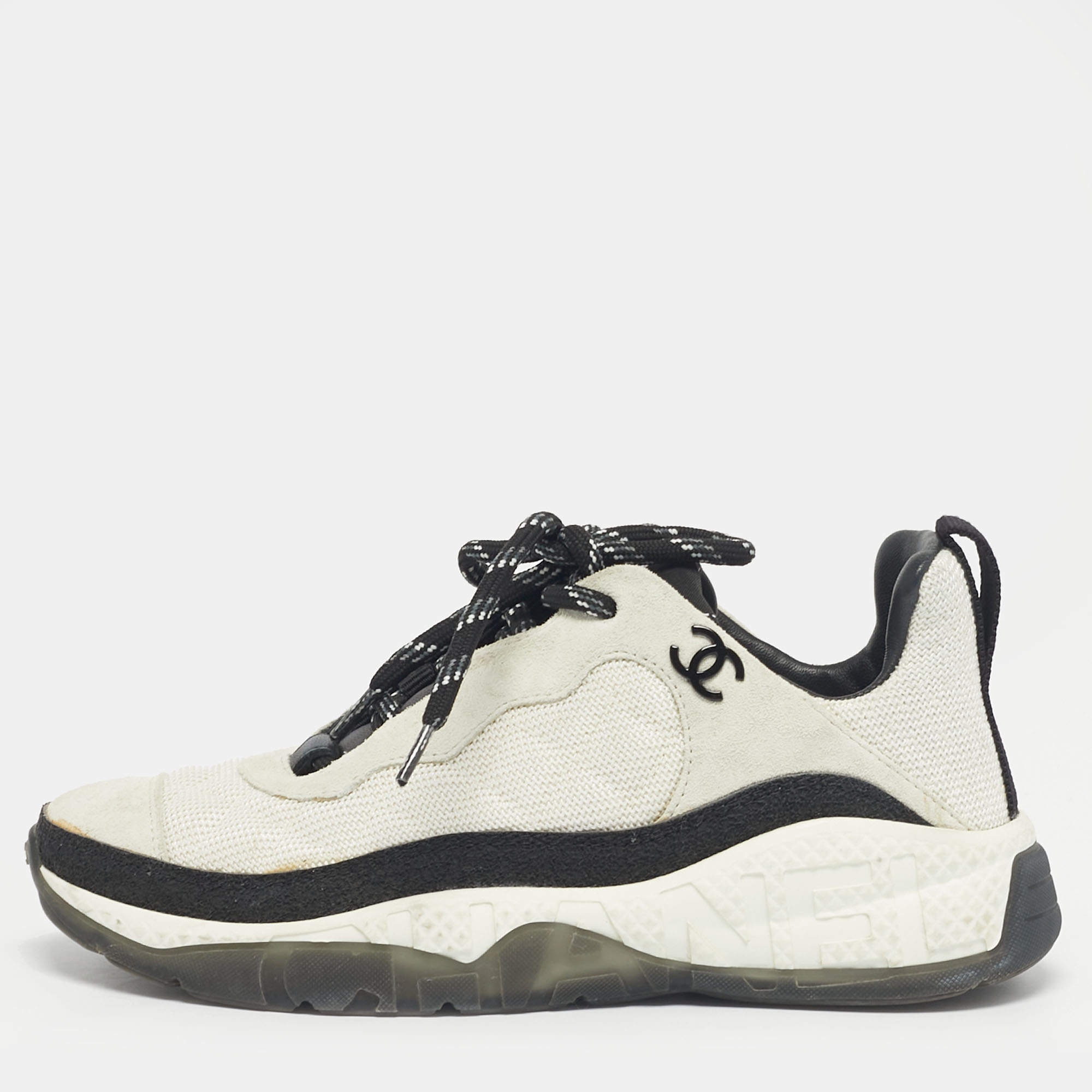 

Chanel Grey/White Suede and Canvas CC Low Top Sneakers Size, Silver