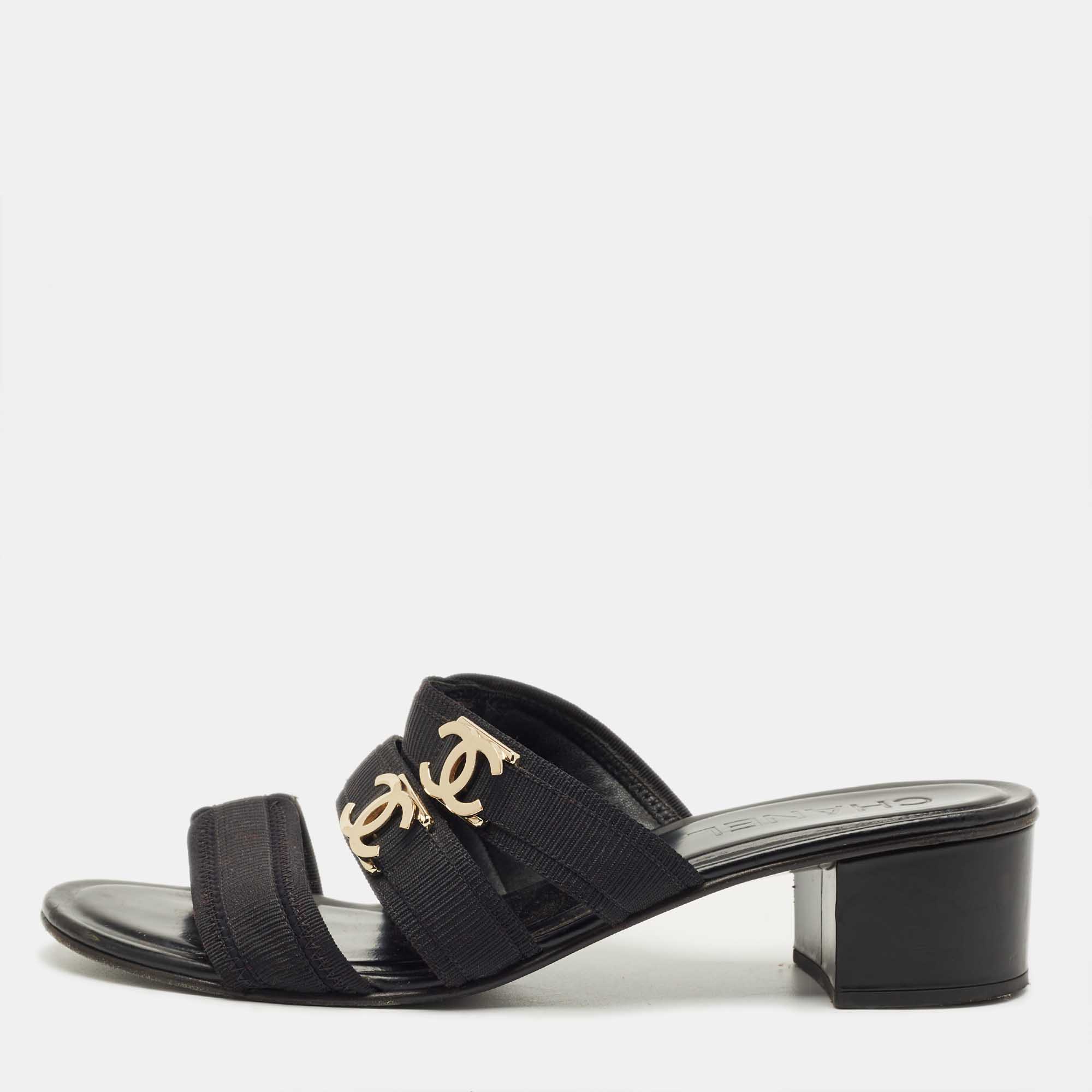 

Chanel Black Canvas CC Slide Sandals Size
