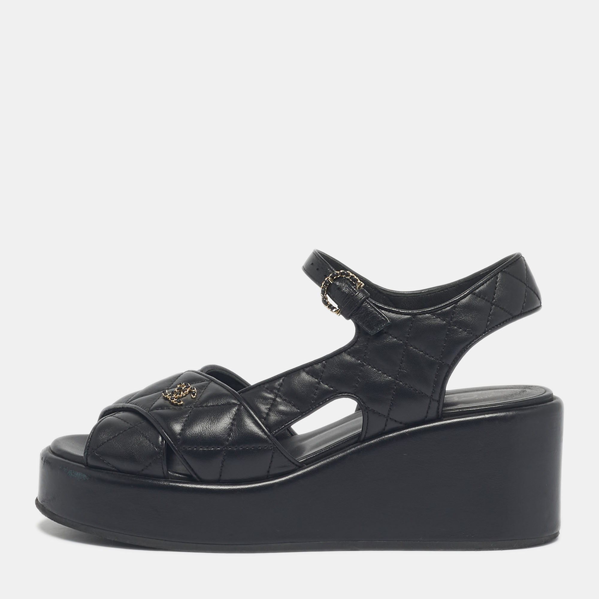 

Chanel Black Leather Ankle Strap Wedge Sandals Size