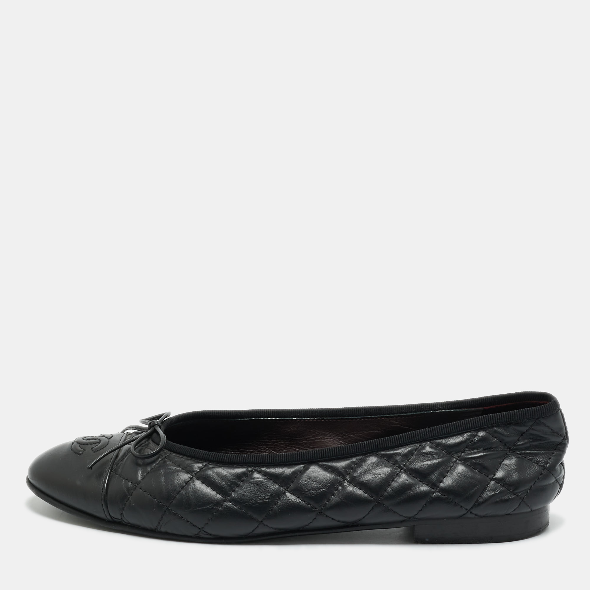 

Chanel Black Leather CC Cap Toe Bow Ballet Flats Size
