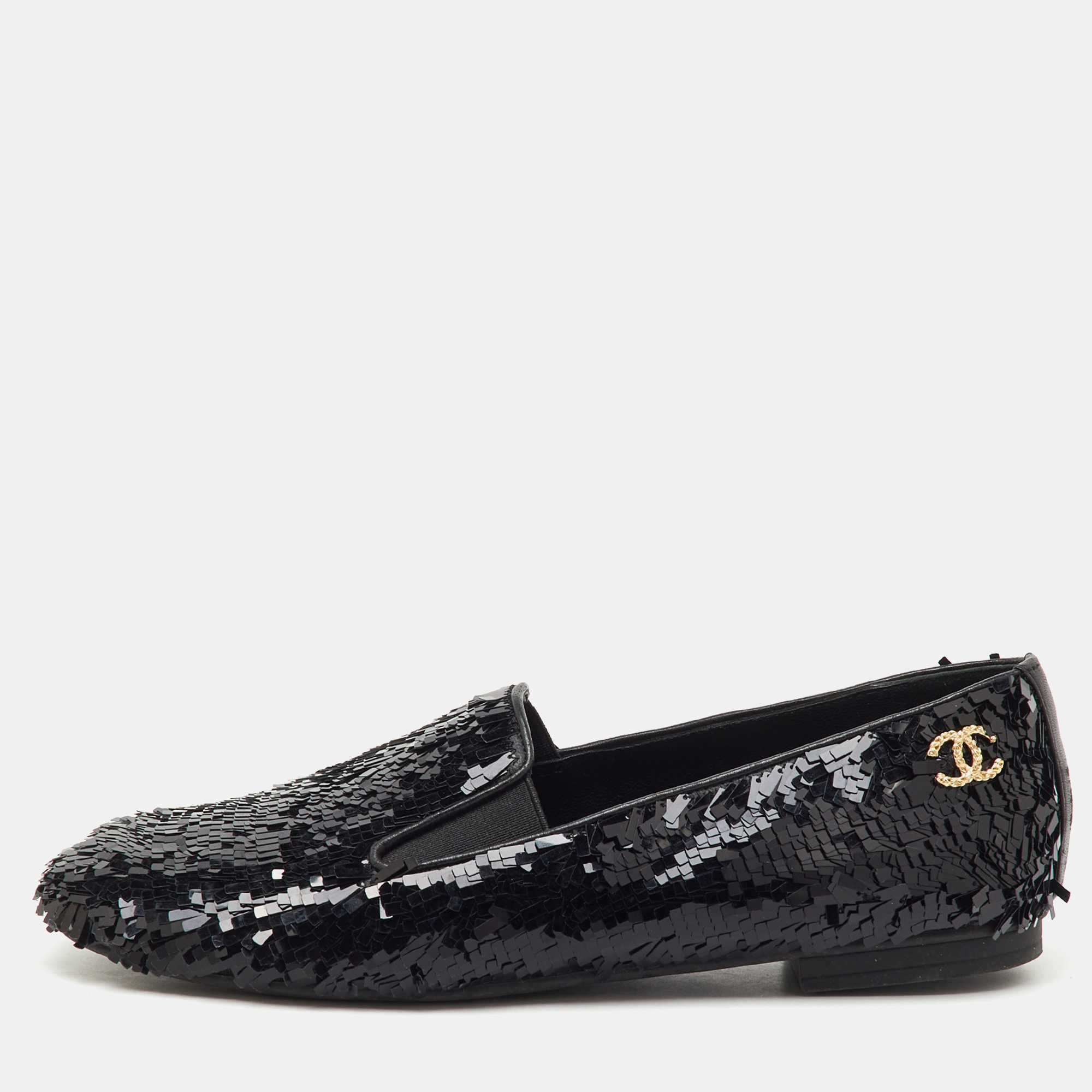 

Chanel Black Sequins CC Smoking Slippers Size