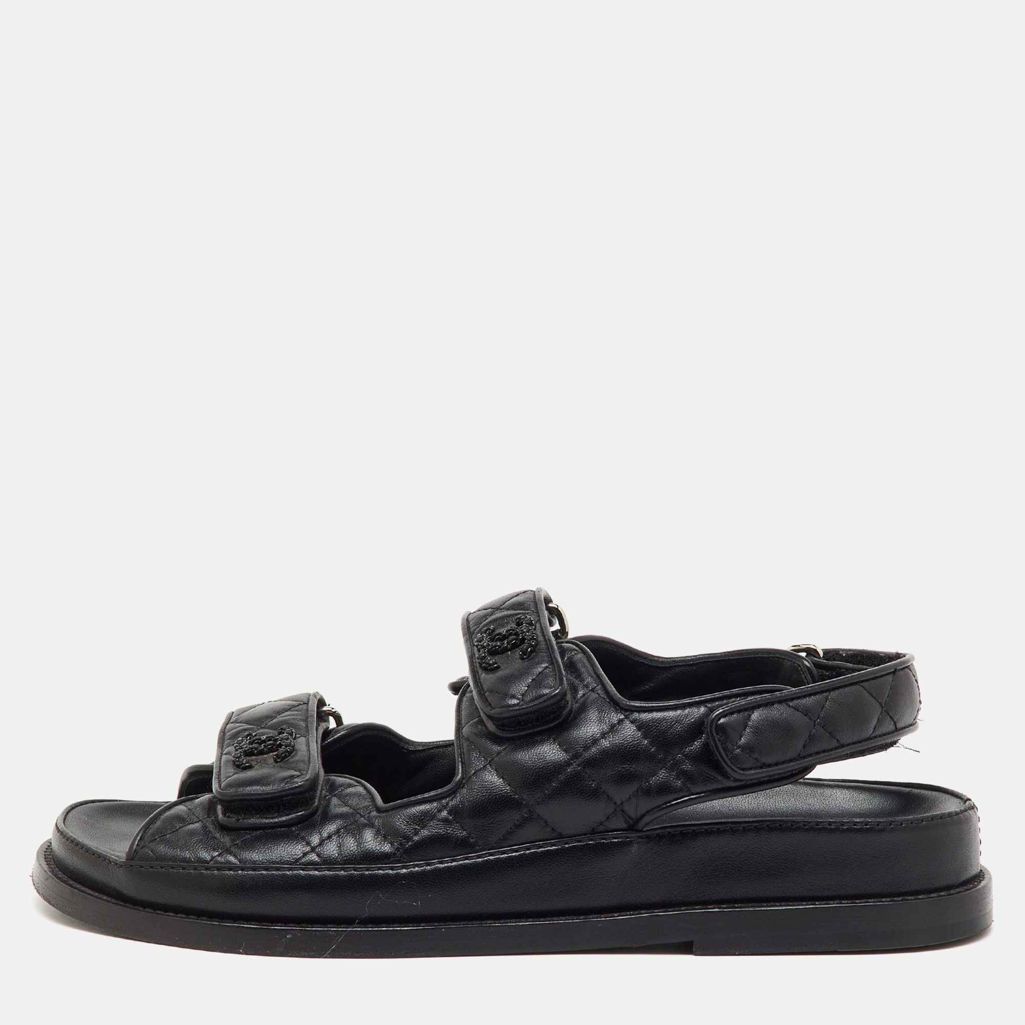 

Chanel Black Quilted Leather CC Dad Flat Sandals Size