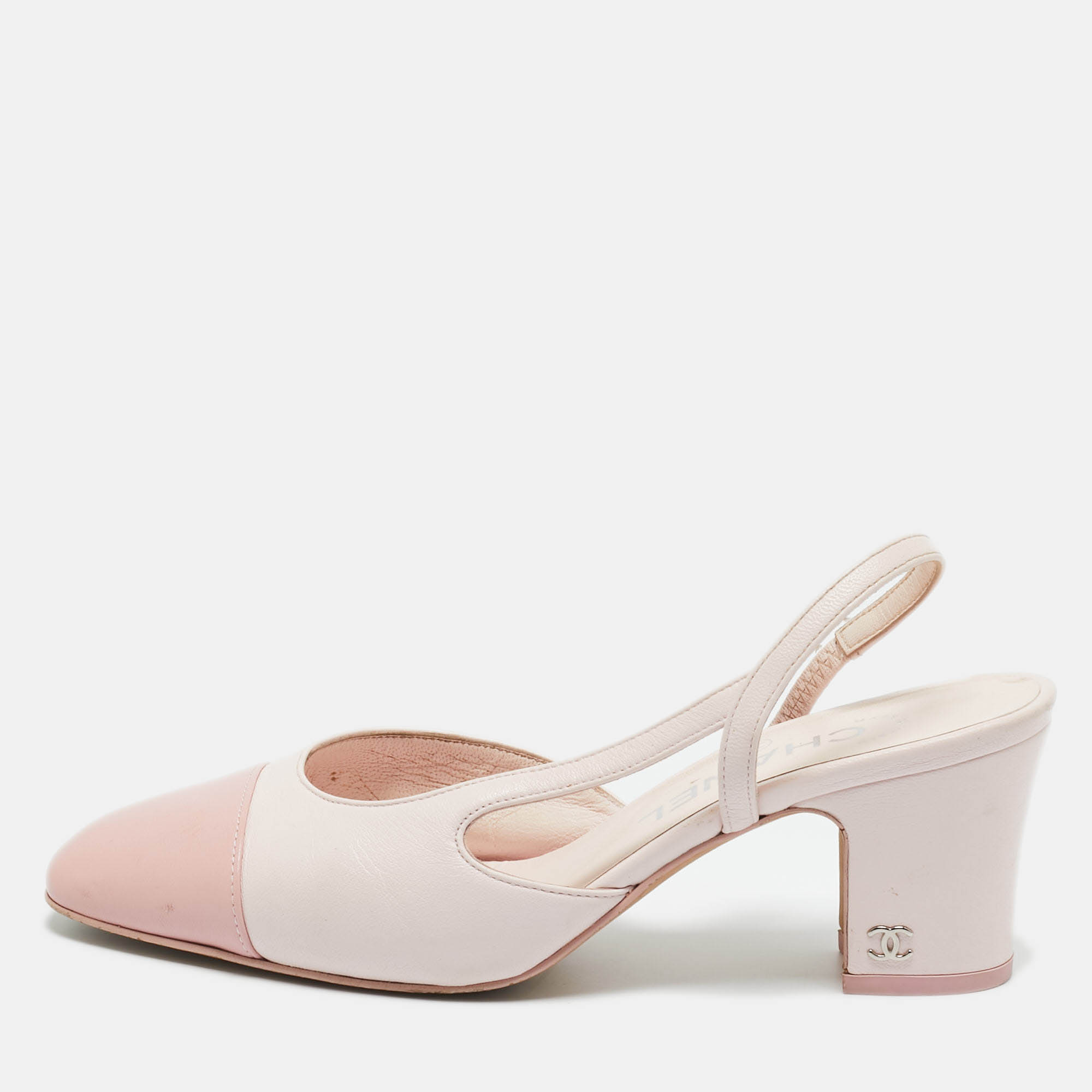 

Chanel Pink Leather CC Cap Toe Slingback Pumps Size
