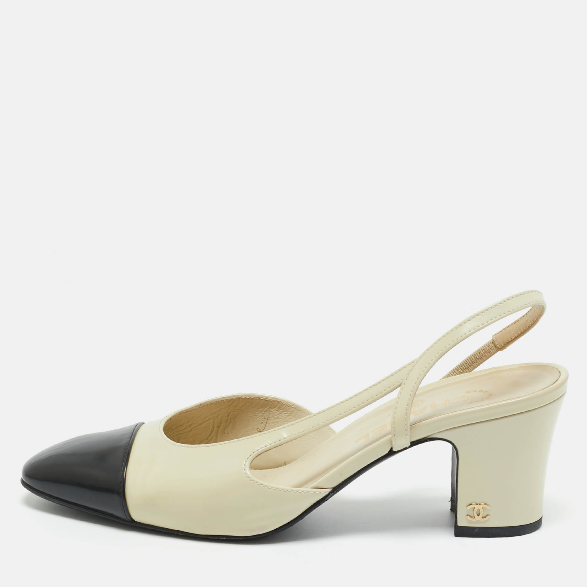 

Chanel Cream/Black Leather CC Block Heel Pumps Size