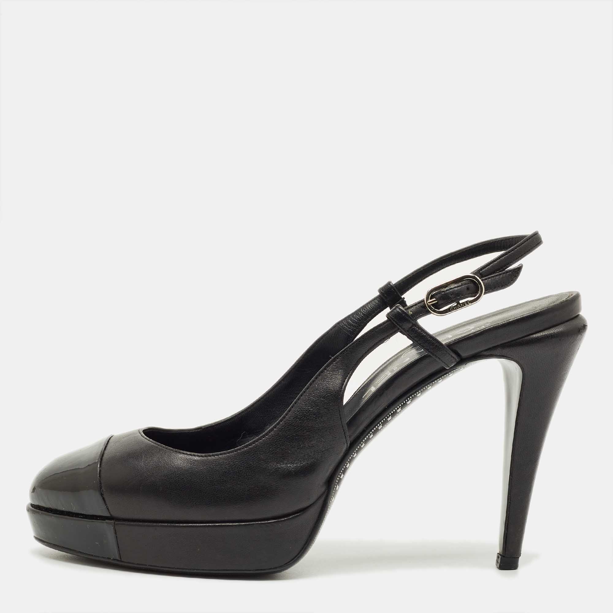Pre-owned Chanel Black Leather Cap Toe Slingback Pumps Size 39.5