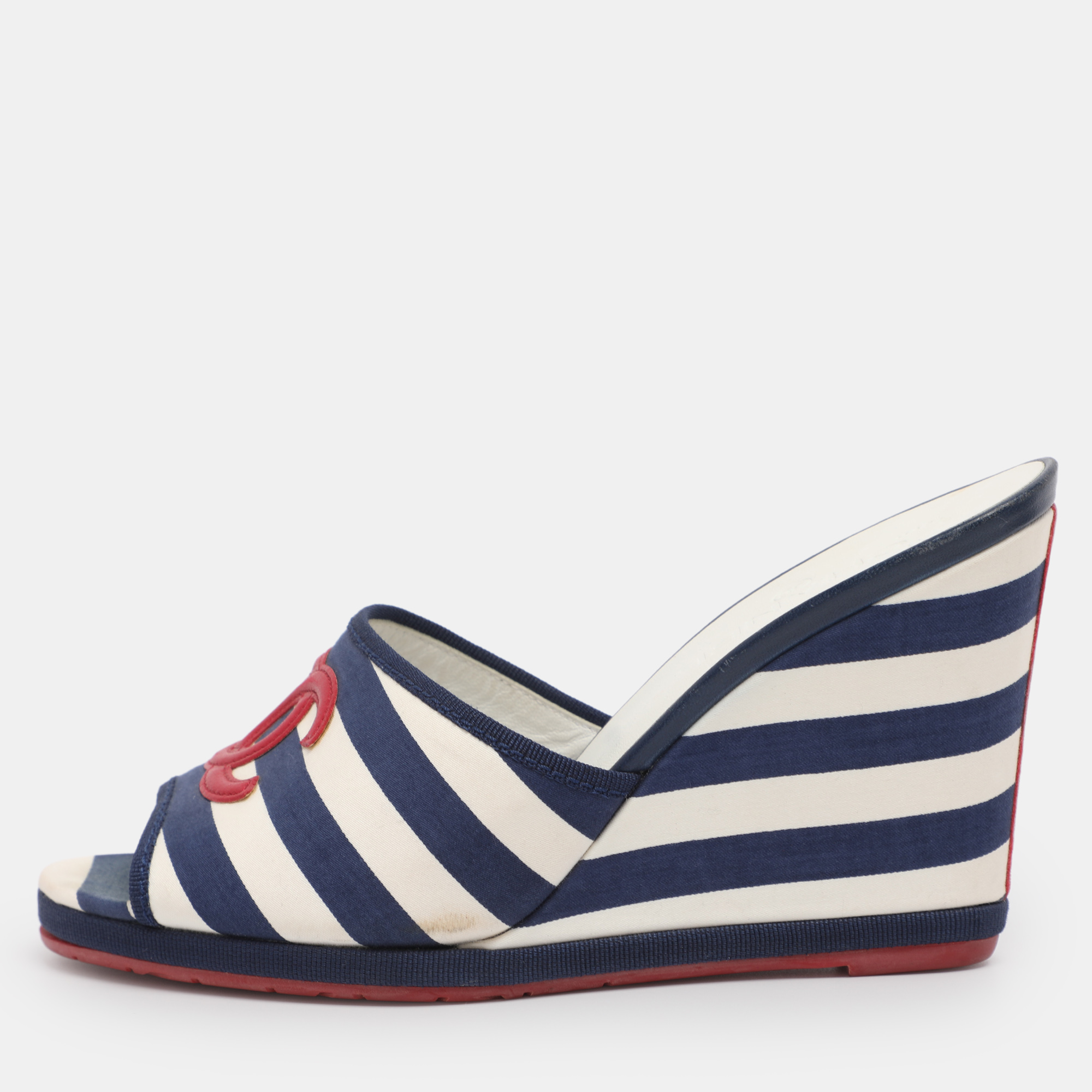 

Chanel Blue/White Stripe Fabric CC Slide Wedge Sandals Size 39.5, Navy blue