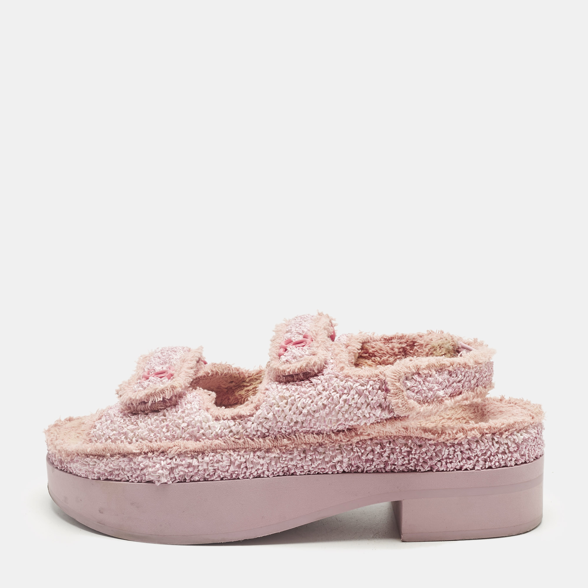 Pre-owned Chanel Pink Fabric And Straw Dad Slingback Sandals Size 38