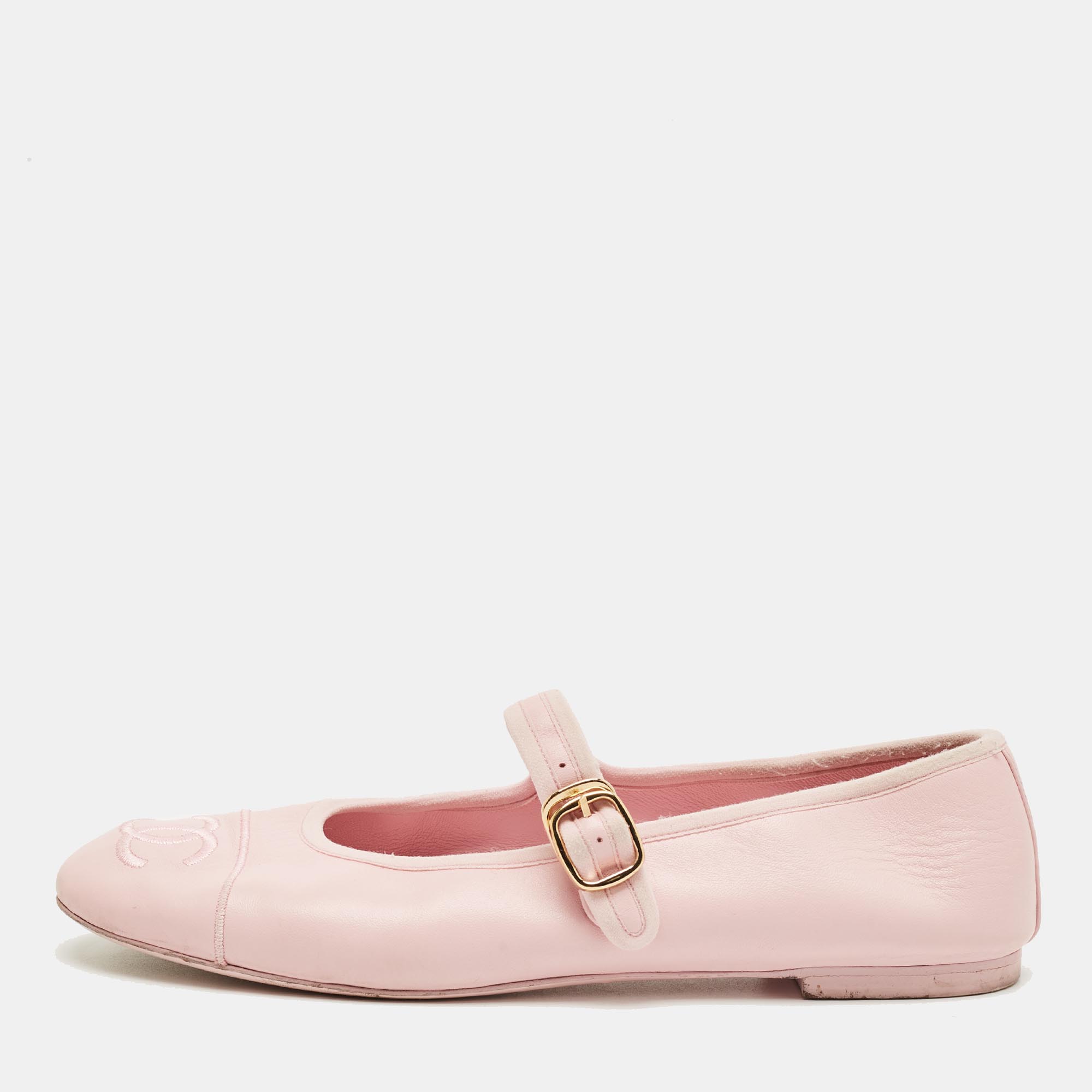 Pre-owned Chanel Pink Leather Cc Cap Toe Mary Jane Ballet Flats Size 40 In Sand