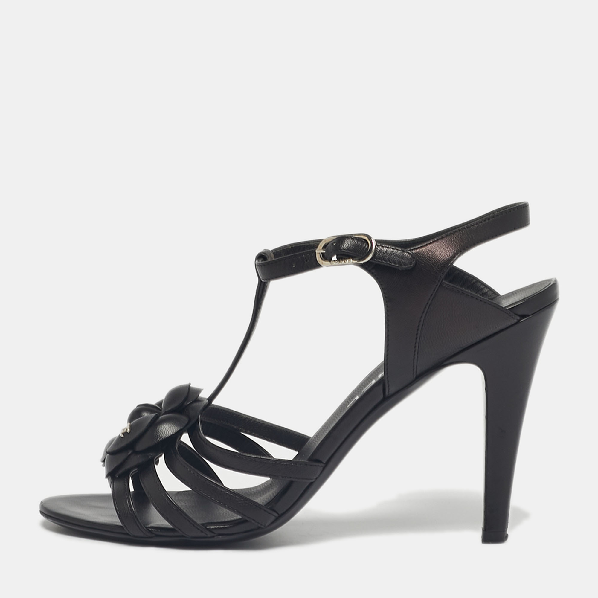 Pre-owned Chanel Black Leather Camellia Ankle Strap Sandals Size 37.5