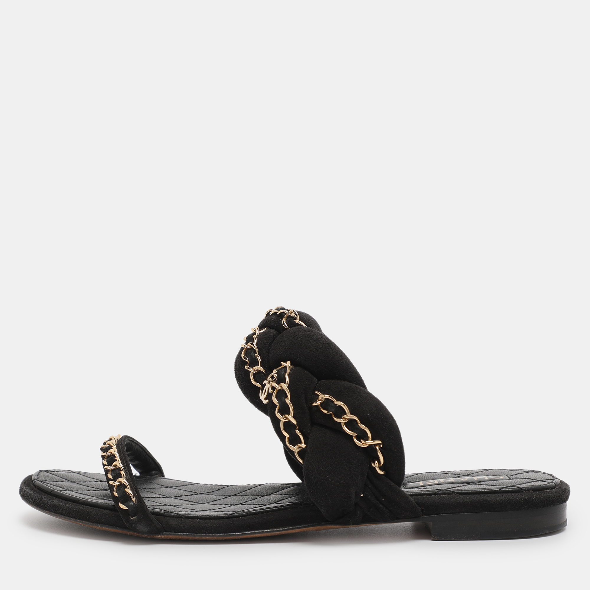 Pre-owned Chanel Black Suede Chain Embellished Flat Slides Size 36