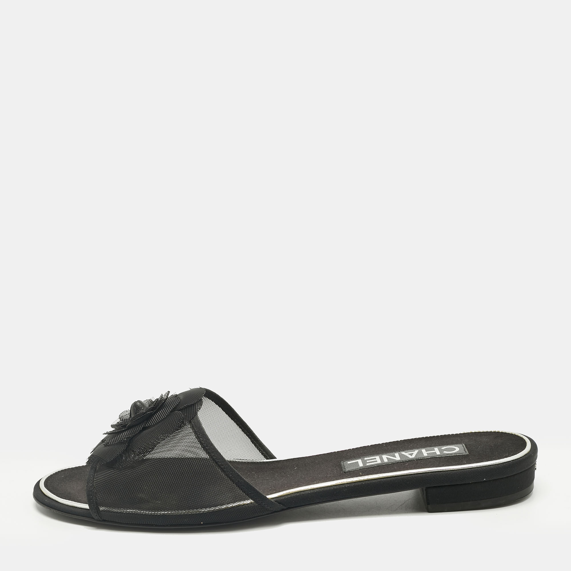 Pre-owned Chanel Black Mesh Flower Embellished Flat Slides Size 40