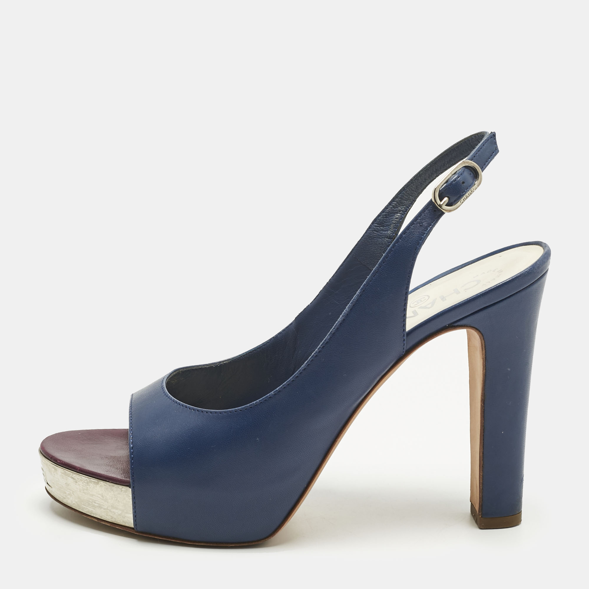 Pre-owned Chanel Navy Blue Leather Cc Open Toe Platform Slingback Pumps Size 38