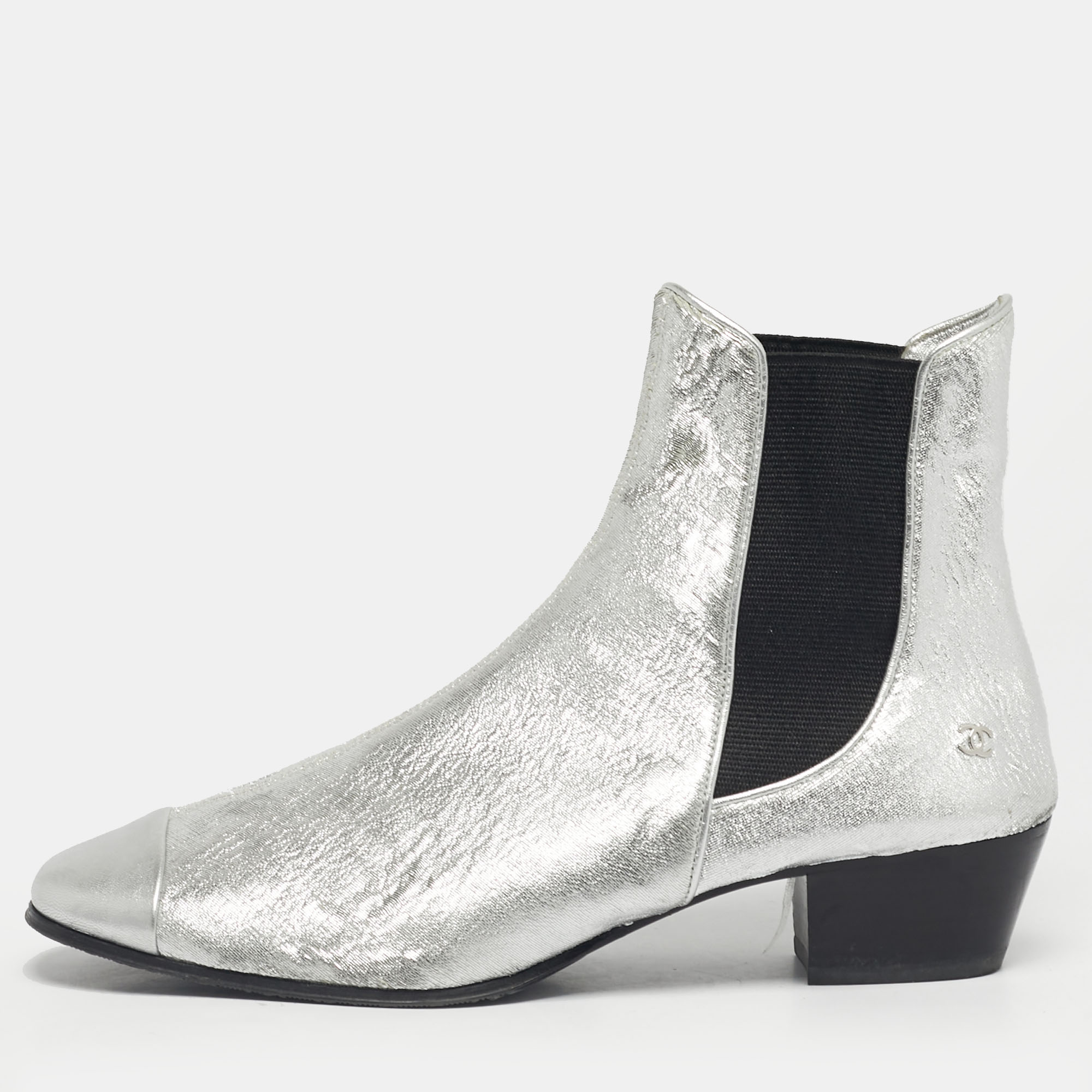 

Chanel Silver/Black Leather Ankle Length Boots Size
