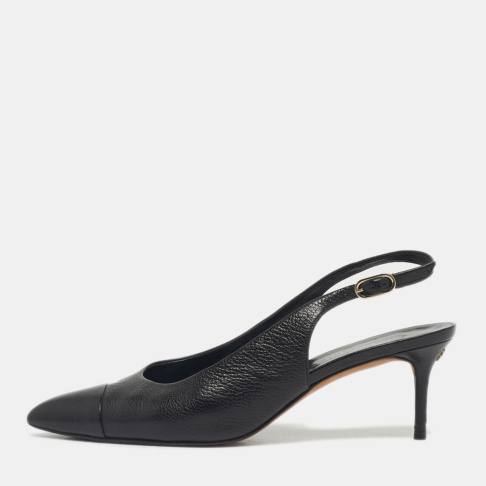 

Chanel Black Leather CC Cap toe Slingback Pumps Size