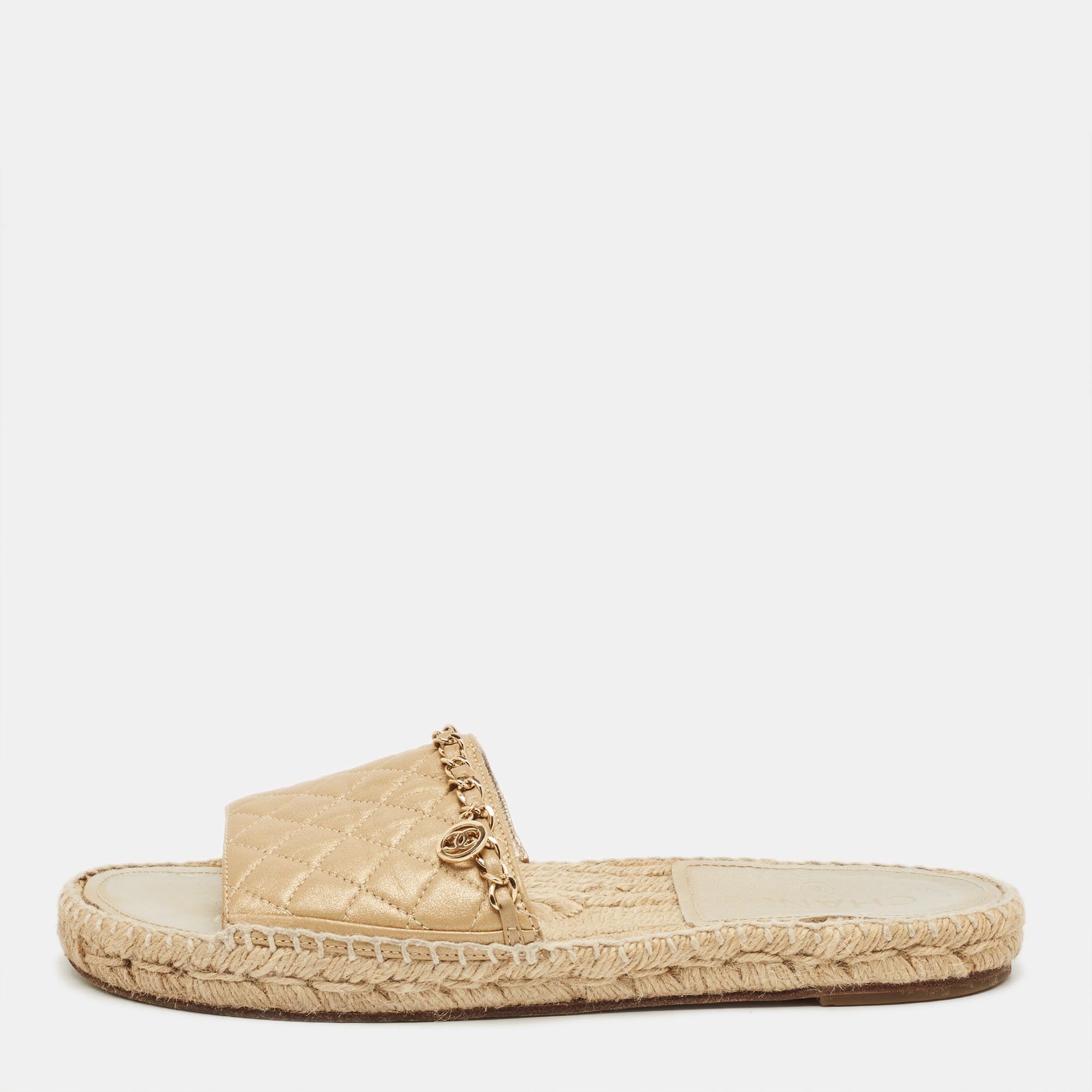 Pre-owned Chanel Gold Quilted Leather Cc Chain Espadrille Flat Slides Size 40