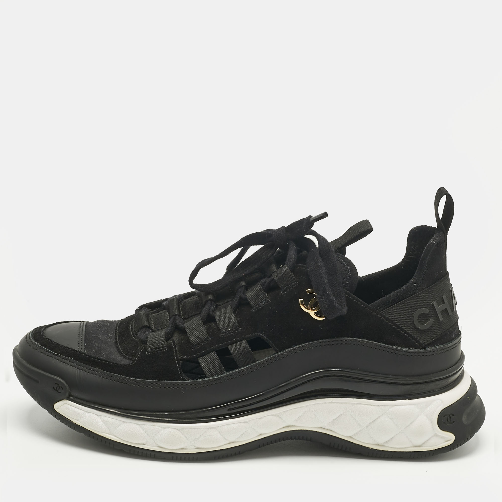 

Chanel Black Neoprene and Suede CC Low Top Sneakers Size